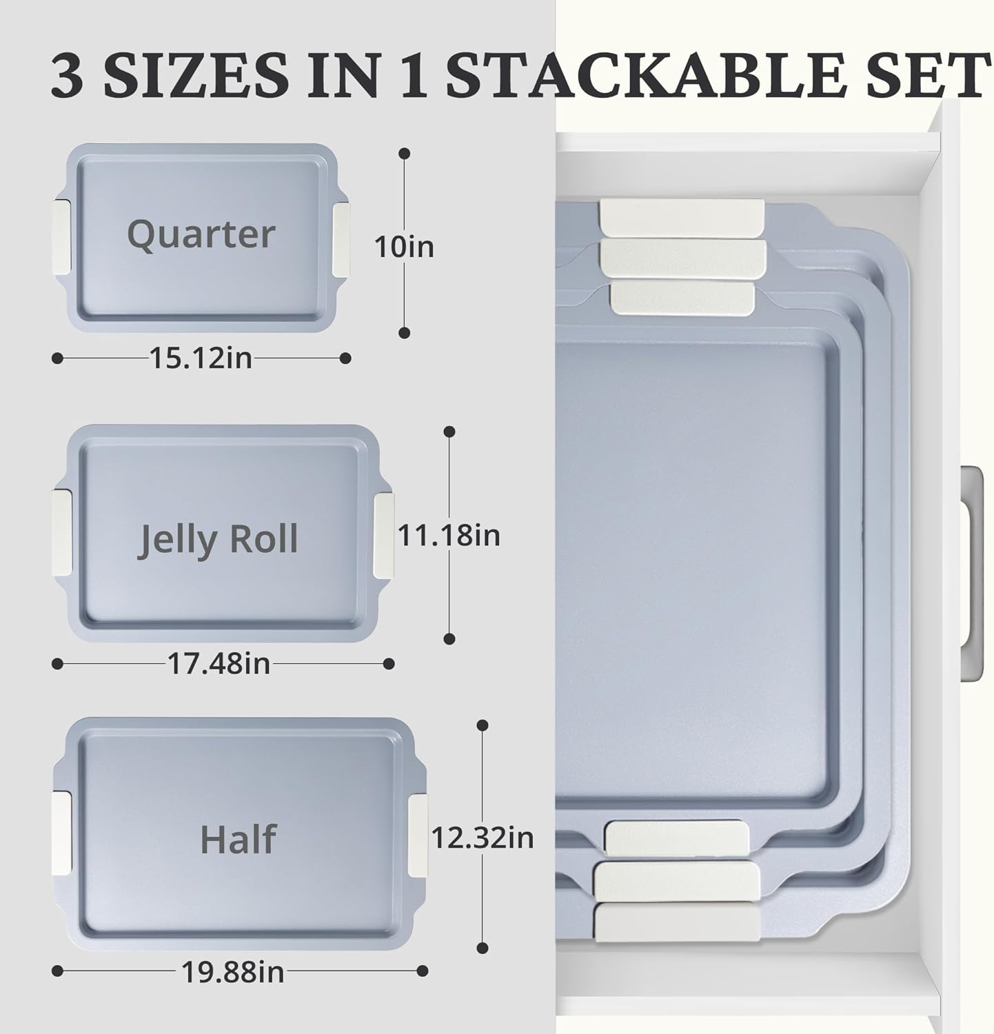 BRONYPRO Non Stick Ceramic Baking Sheet Pan Set of 3, Natural Non Toxic Cookie Sheets for Baking - PFOA, PTFE Free, Heavy Duty Aluminized Steel Oven Trays for Cooking with Silicone Handles, Cream