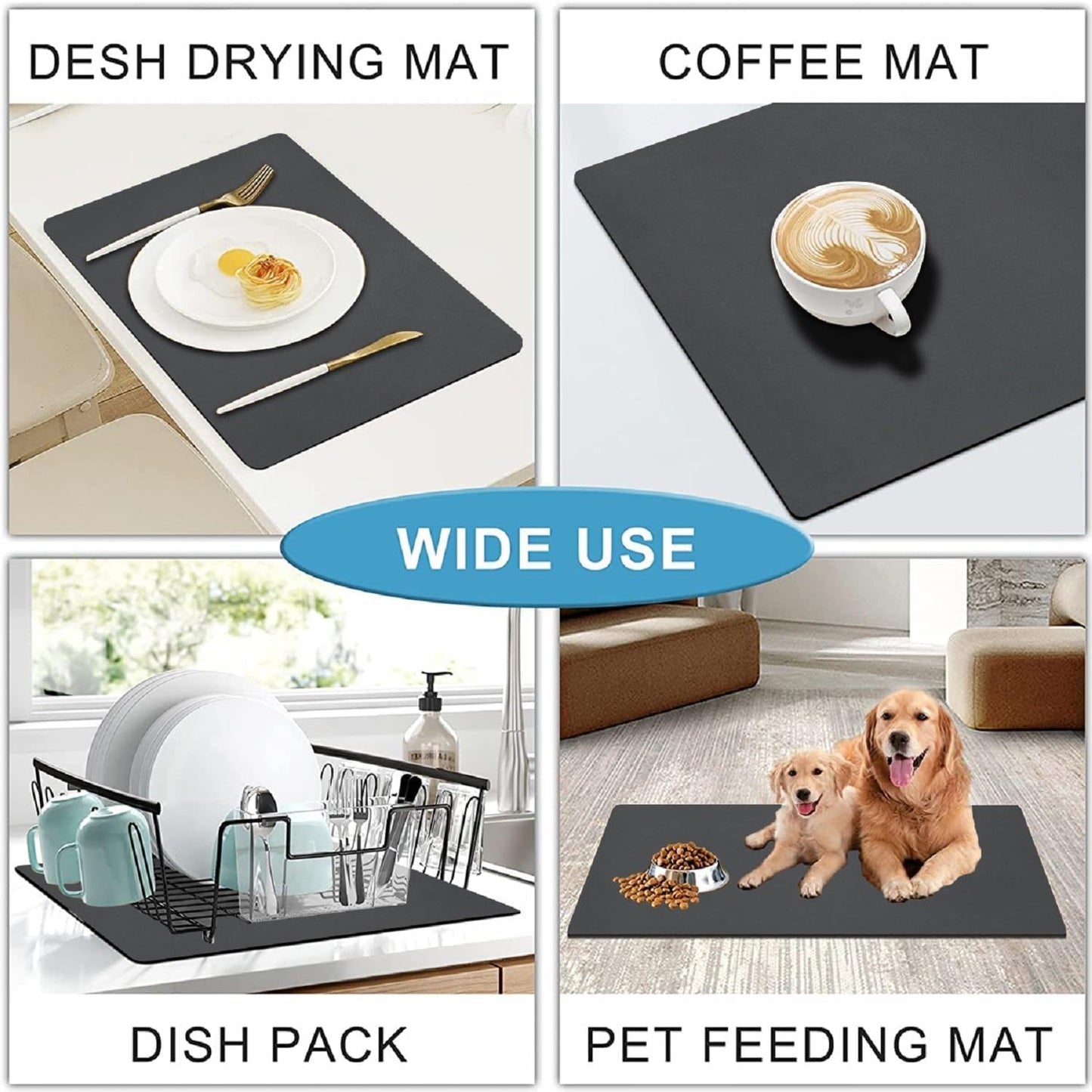 Coffee Mat 15.7*19.7 Inch, 50*40cm Dish Drying Mat for Kitchen Counter Bar, Stain Hiding Rubber Backed Absorbent Bar Mat Pad, Dark Grey (3)