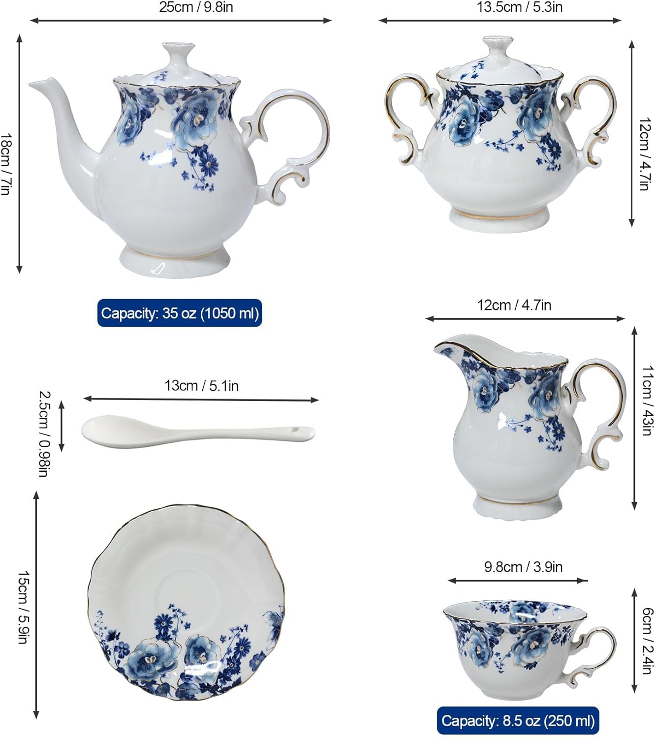 Bone China Tea Set for Adults, 13-Piece Blue and White Porcelain Tea Set for 4, Vintage Floral Tea Set With Teapot and Teaspoons, Tea Party Sets for Women Gift (Blue)