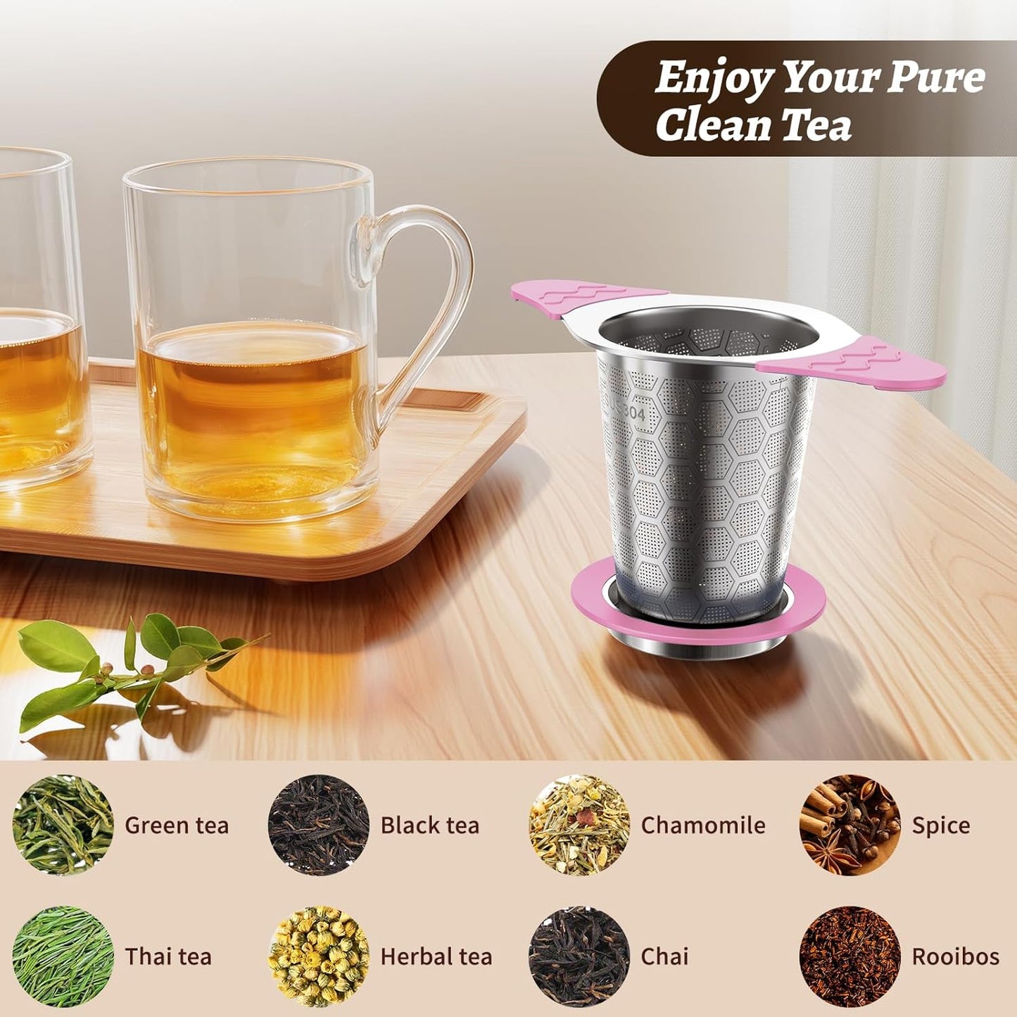 Tea Infuser for Loose Leaf Tea,18/8 Stainless Steel Tea Infuser with Heat Proof Silicone Handles,Extra Fine Mesh Tea Strainers Filter Fine Tea Leaves Effectively,Fits TeaPots/Mugs-Pink