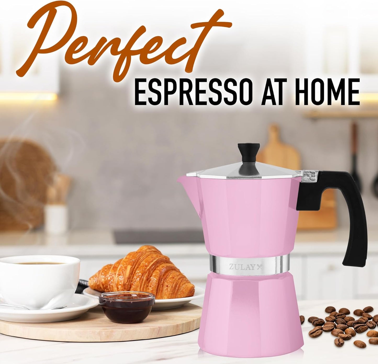 Zulay Moka Pot Espresso Stovetop Coffee Maker - Leak-Proof, Stainless Steel, Easy to Clean, Heat Resistant Handle & Knob - for Authentic Cuban & Italian Style Espresso - Makes 6 Espresso Cups - Pink
