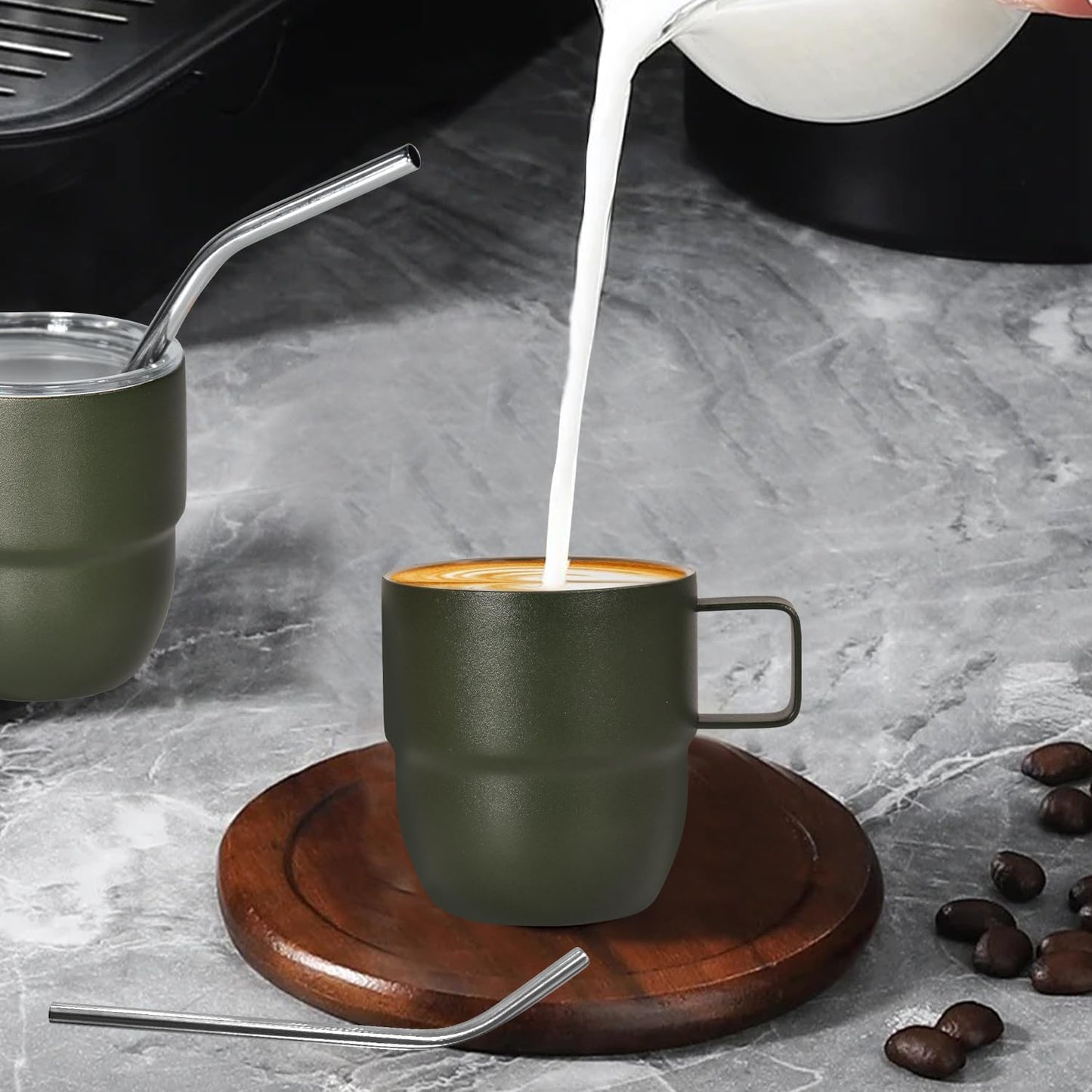 4oz Stackable Cup, Vacuum Insulated Espresso Cup Set of 2, Espresso Shot Mug for Coffee, Double Wall Stainless Steel Mini Tumbler Shot Glasses with Straw and Lid