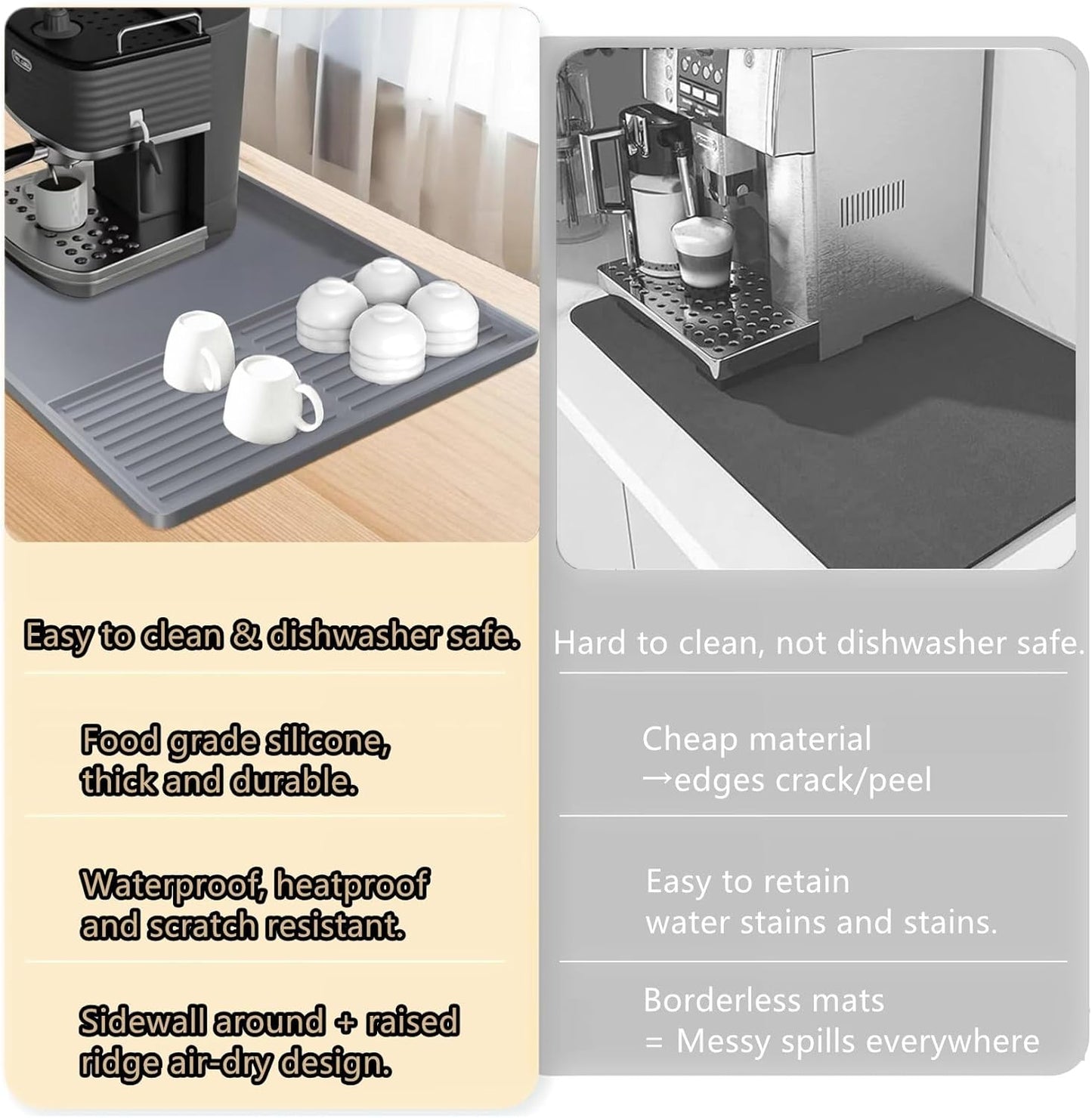 Coffee Bar Mat, Coffee Maker Mat, 24"x16" Silicone Coffee Mat, Spill-Proof, Heat-Resistant, Non-Slip, Fits Under Coffee Maker & Dish Rack (Gray, 24"x16")