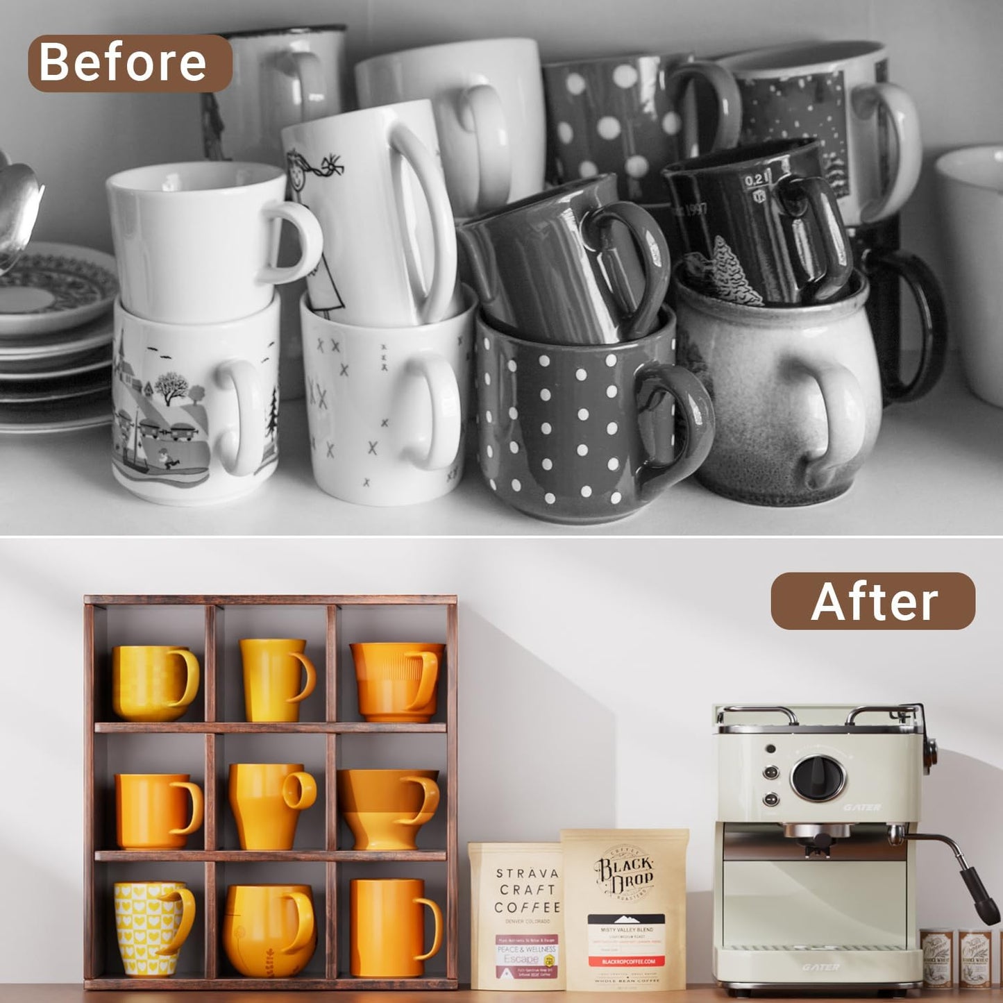 Helsin 9 Grid Vintage Coffee Mug Display Rack, 16inch Wall Mounted Wooden Curio Shadow Box Shelf, Cup Floating Shelves Display and Organizer (Bronze)