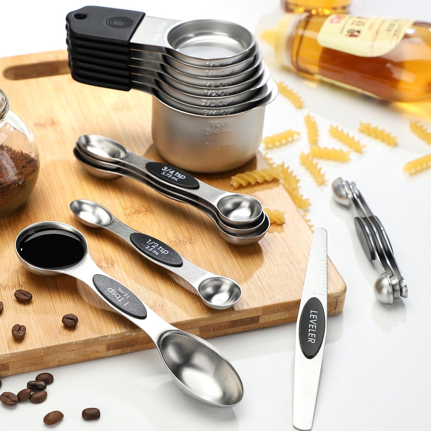Magnetic Measuring Cups and Spoons Set Stainless Steel Stackable 7 Magnetic Metal Measuring Cup 8 Magnetic Measuring Spoon with Leveler for Dry Liquid Ingredient