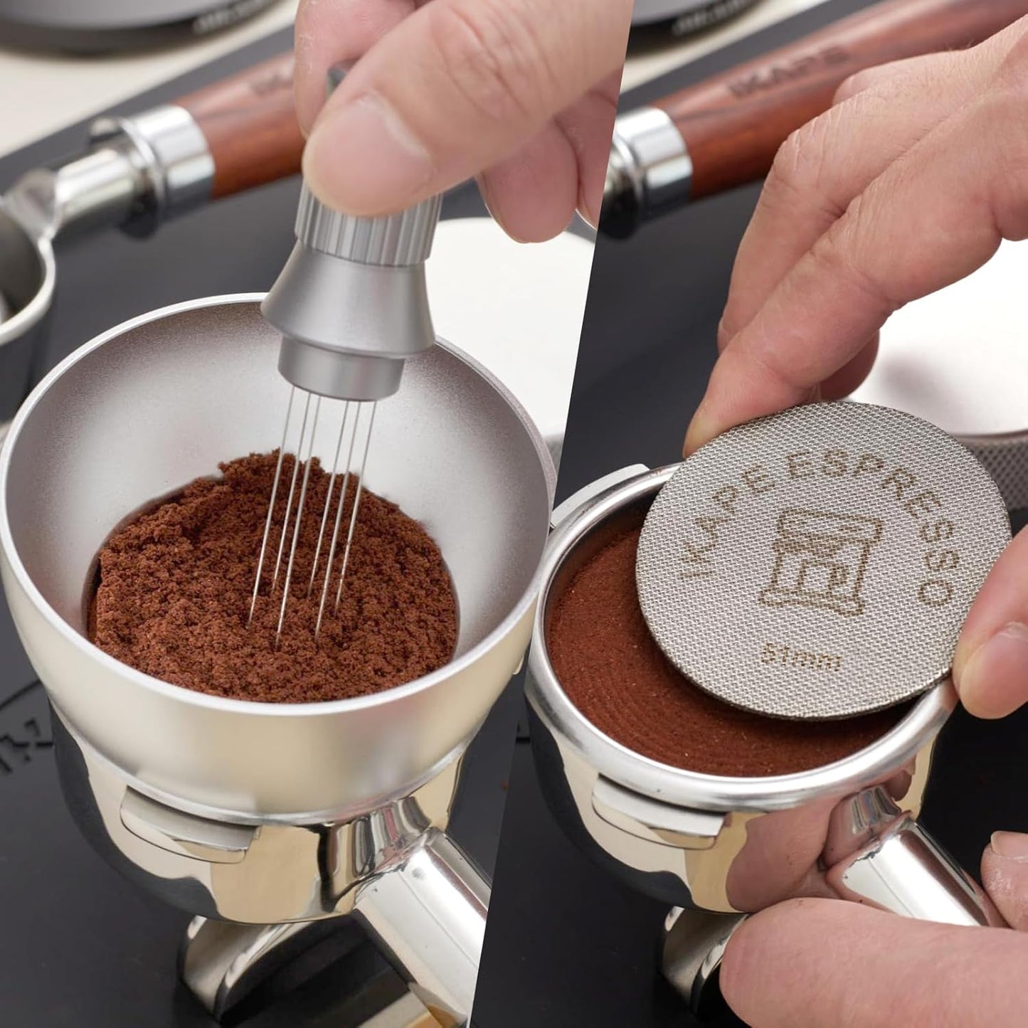 IKAPE Magnetic Dosing Funnel Set, 51MM Espresso Dosing Ring & Puck Screen Kit Compatible with Delonghi 51MM Bottomless Portafilter - with 8 Small Magnet (Silver)