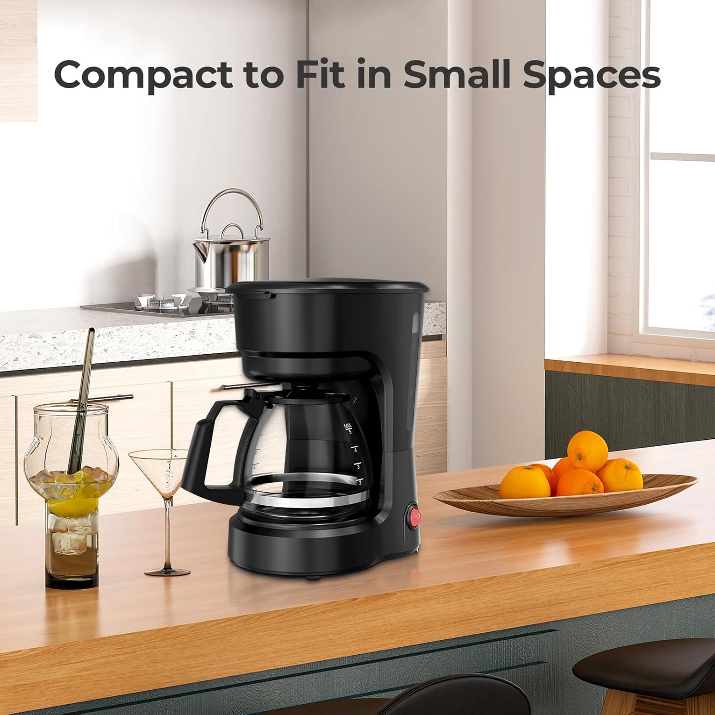 5-Cup Drip Coffee Maker, Compact Coffee Machine with Food-grade Glass Carafe, Always Keep Warm with Manual Switch, Delay Brew, 25oz Water Reservoir, Ideal for Home/Office/Travel/Outdoor - Black