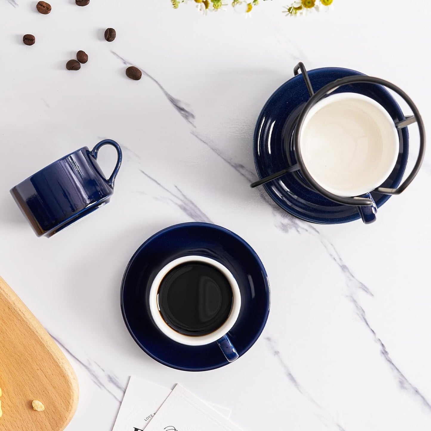 2.5oz Porcelain Stackable Espresso Cups with Saucers and Metal Stand Set of 4, Stackable Cappuccino Cups, Blue Expresso Shots Cup Set for Coffee Drinks, Latte, Tea