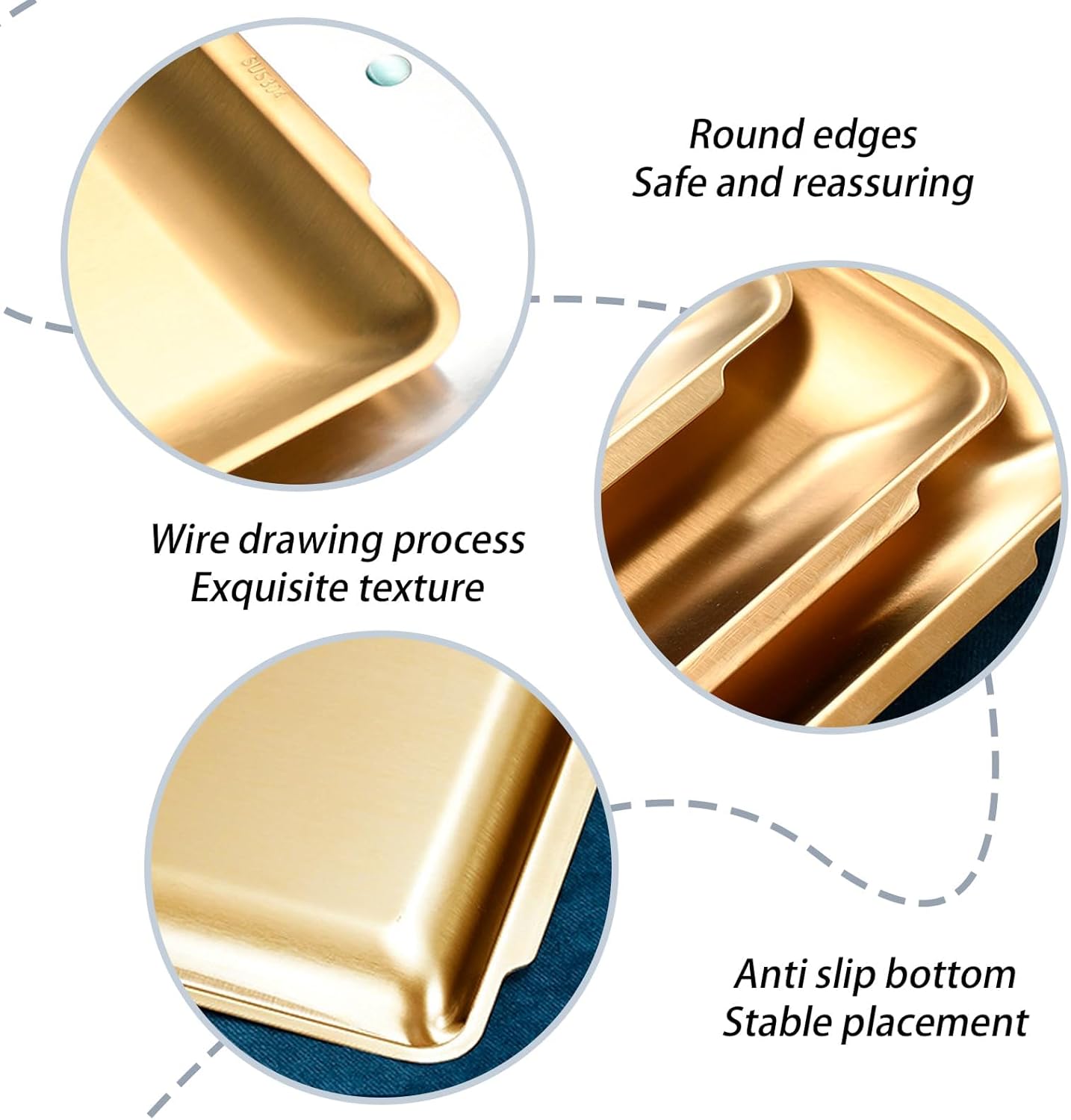 3Pcs 304 Stainless Steel Food Serving Tray, 12.6" Rectangular Serving Platters Multipurpose for Kitchen,Party Organizer Tray for Buffet Brushed Nickel (Gold)