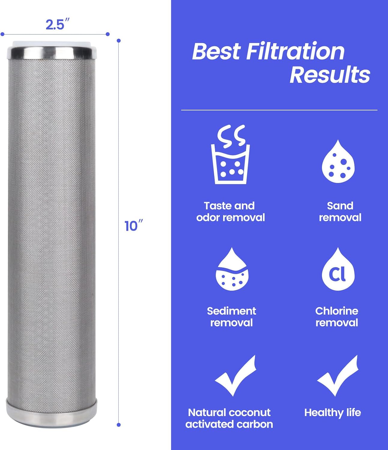 Amwater Stainless Steel Cleanable Wire Mesh Filter Cartridge 10”Length,2.5"OD(10 Micron)