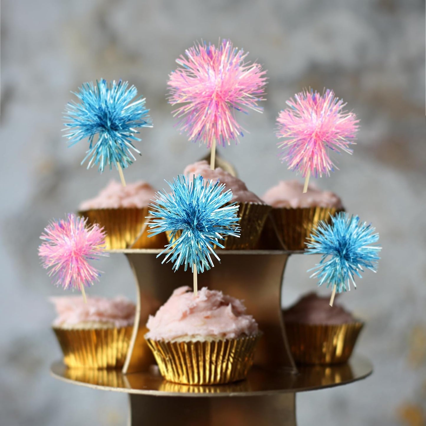 Gyufise 30Pcs Foil Firework Cupcake Toppers Sparkle Tinsel Cake Toppers Tinsel Drink Cake Decoration Cocktail Picks for Birthday Wedding Graduation Party Supplies Light Blue Pink