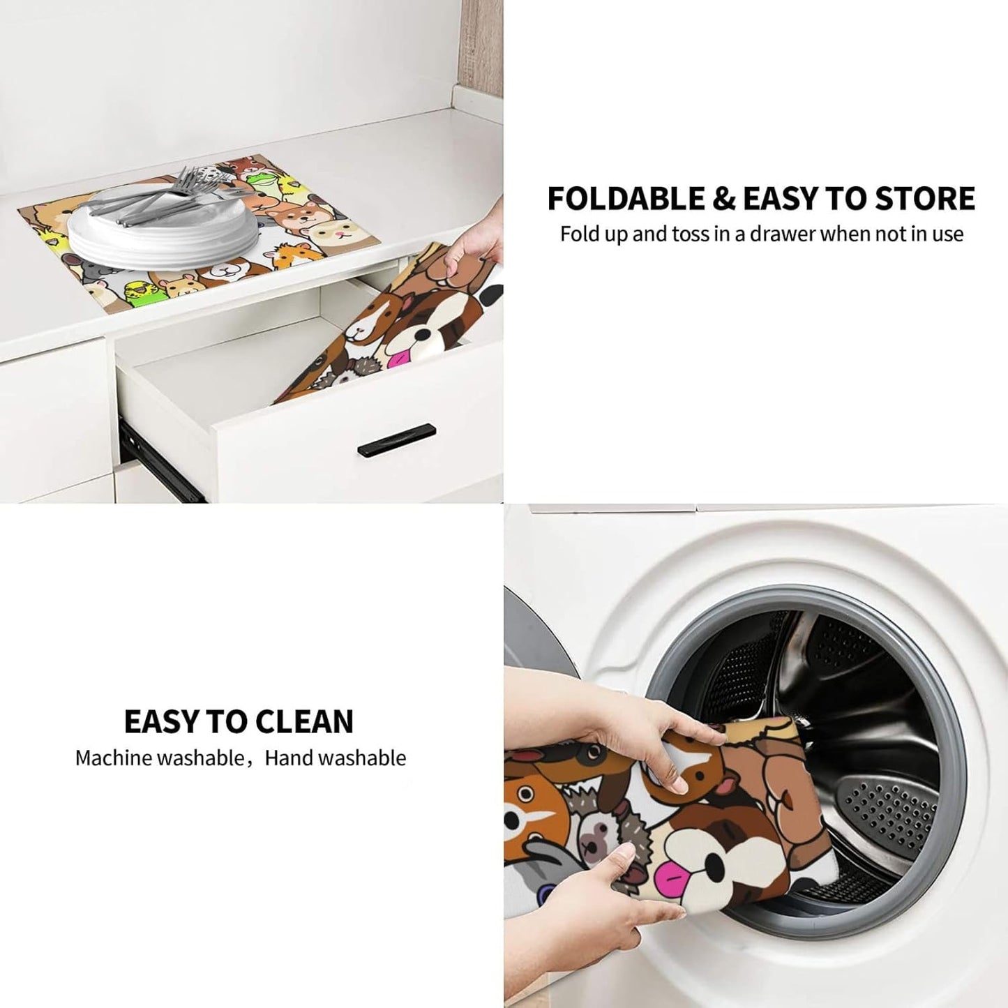 Cute Animals Pattern Dish Drying Mat, Highly Absorbent Microfiber Kitchen Counter Pad Reusable Washable, 16*18"