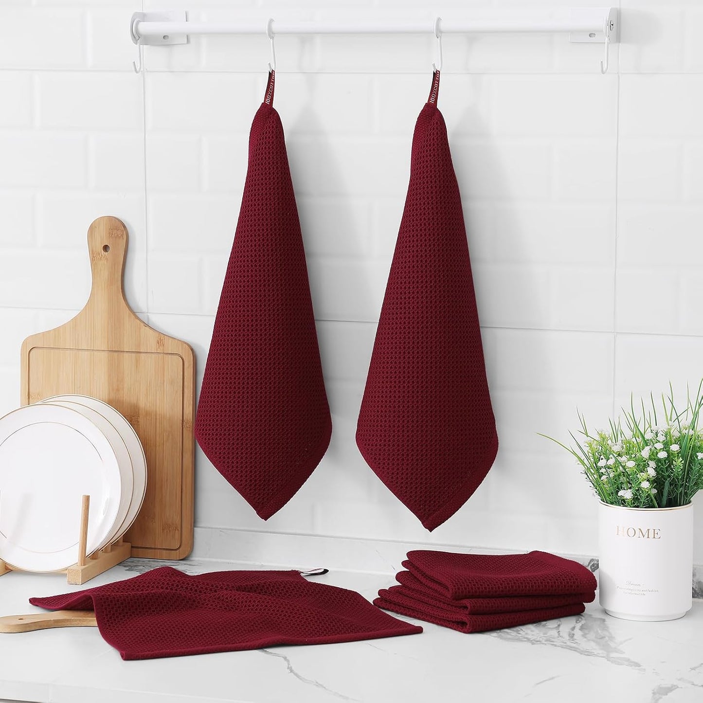 Kitinjoy 100% Cotton Kitchen Dish Cloths, 8 Pack Waffle Weave Ultra Soft Absorbent Dish Towels for Drying Dishes Quick Drying Kitchen Towels Dish Rags, 12 X 12 Inches, Burgundy