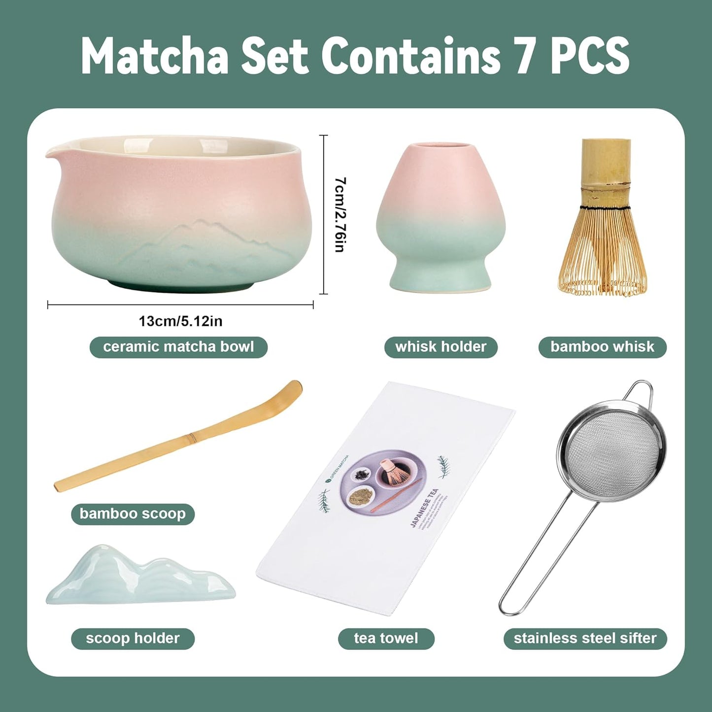 Matcha Whisk Set with Ceramic Matcha Bowl-7PCS, Matcha Kit Gifts for Tea Lovers,Gifts for Women Men Friend,Home Kitchen Decor for Christmas,Halloween