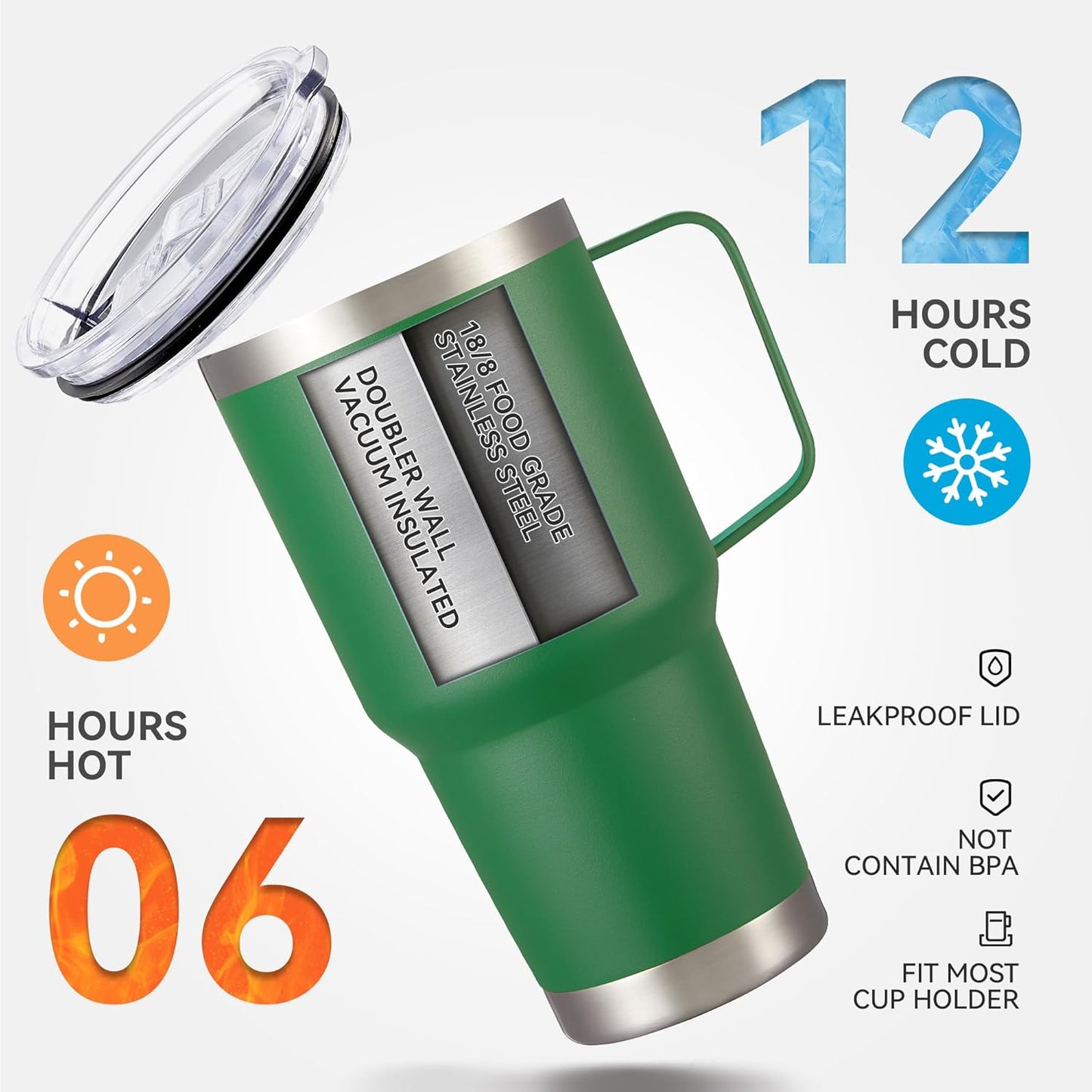 30 oz Tumbler with Handle and Lid, Stainless Steel Tumblers Bulk Double Wall Vacuum Insulated Travel Mug Leak Proof Cup Keep Drinks Cold and Hot Dark Green, 8 Pack