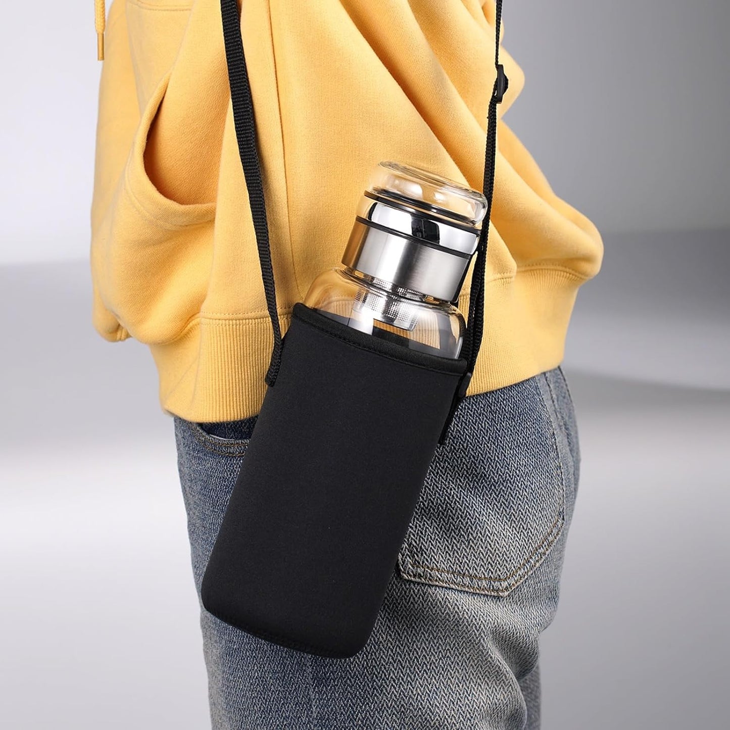 50 oz Glass Water Bottles - Large, Clear, Borosilicate Glass Water Bottle with Stainless Tea Infuser - Cup-Function Lid, Neoprene Sleeve, Strap - Wide Mouth BPA free, for Tea, Beverages, Juice