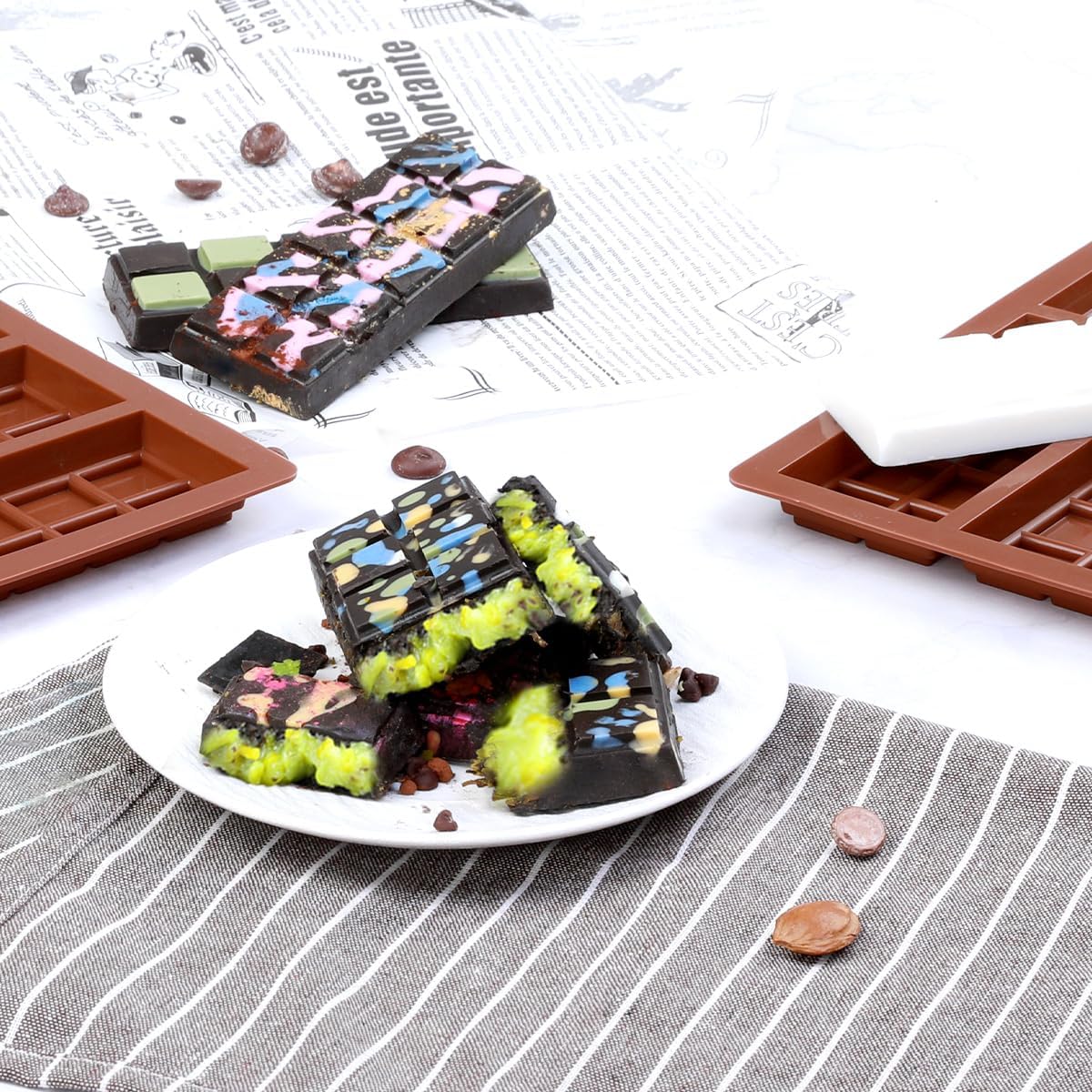 Chocolate Bar Molds Deep Silicone Break-Apart Chocolate Nonstick Protein and Energy Thick Candy Bar Mold Wax Melt Mold 2 Pack (10 Snap)