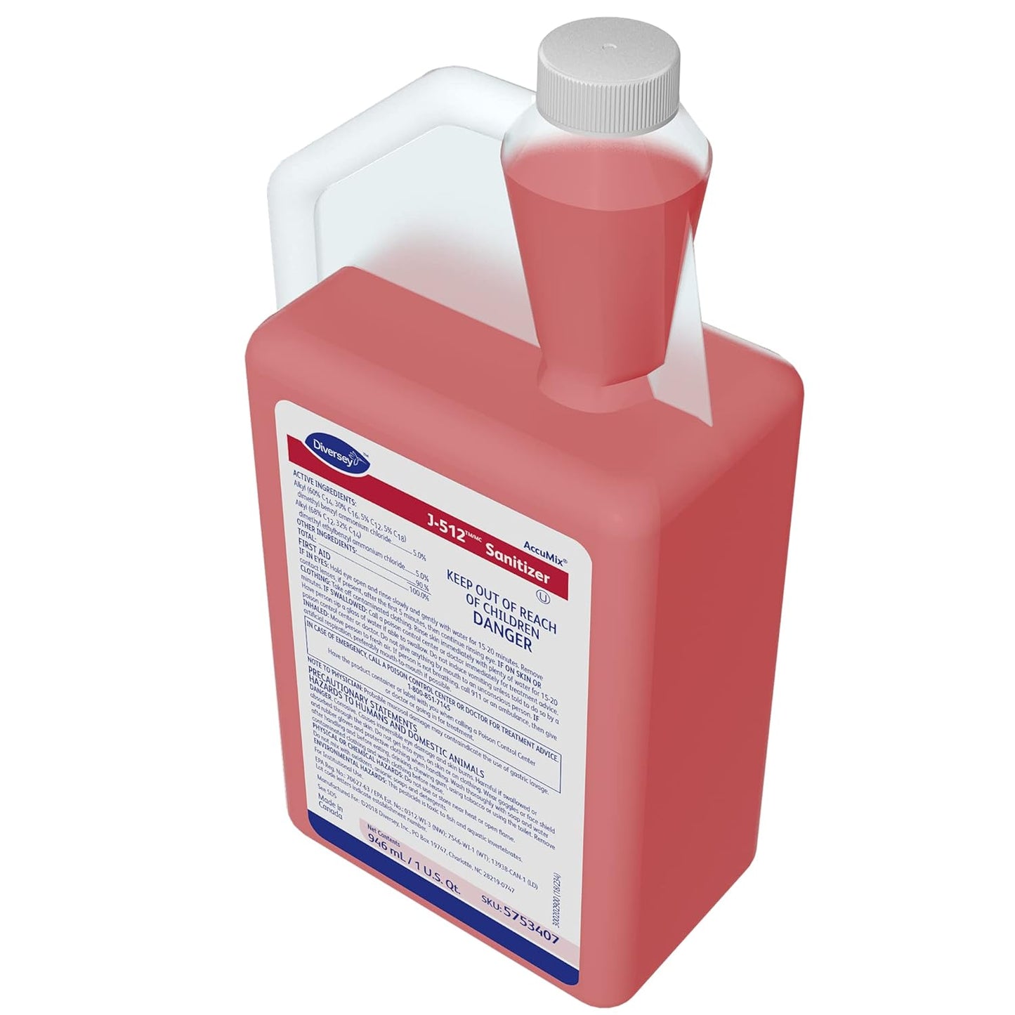 Diversey 5753407 J-512 Sanitizer, No Rinse Food Contact Kitchen Sanitizer for Utensils & Dishes, AccuMix Concentrate, 32-Ounce