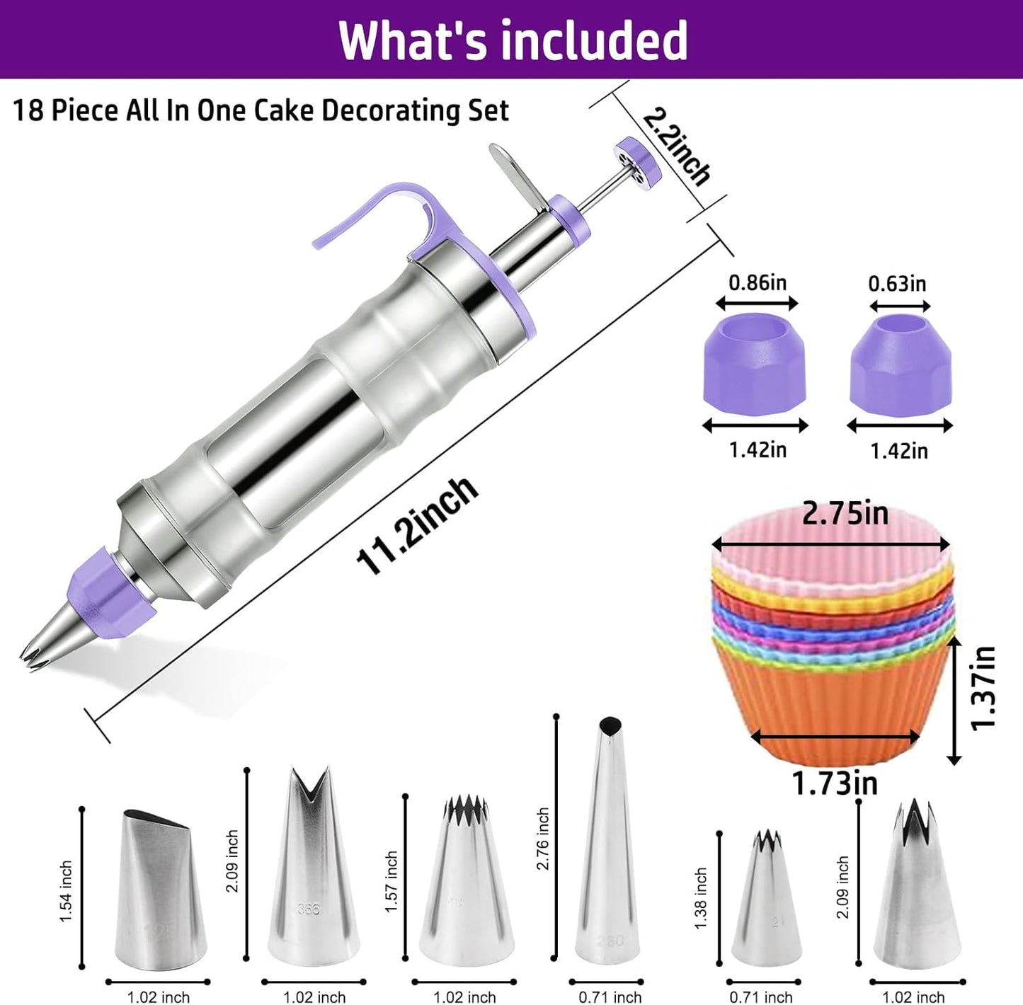 Novano Dessert Decorating Syringe Set, Frosting Piping Kit Stainless Steels Cake Decorating Kit with 6 Piping Tips & 9 silicone cupcakes, Cupcake Decorating Kit Piping Bags and Tips Set
