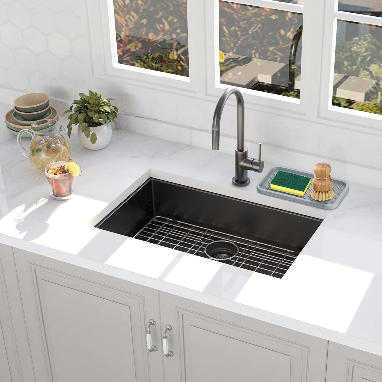 EG-SIPRO Kitchen Sink Organizer Tray,Sponge Holder for Kitchen Sink Bathroom Counter Tray Sponge Caddy Silicone Soap Holder for Soap Dispenser, Bottle, Dishwashing Accessories(2-Pack)