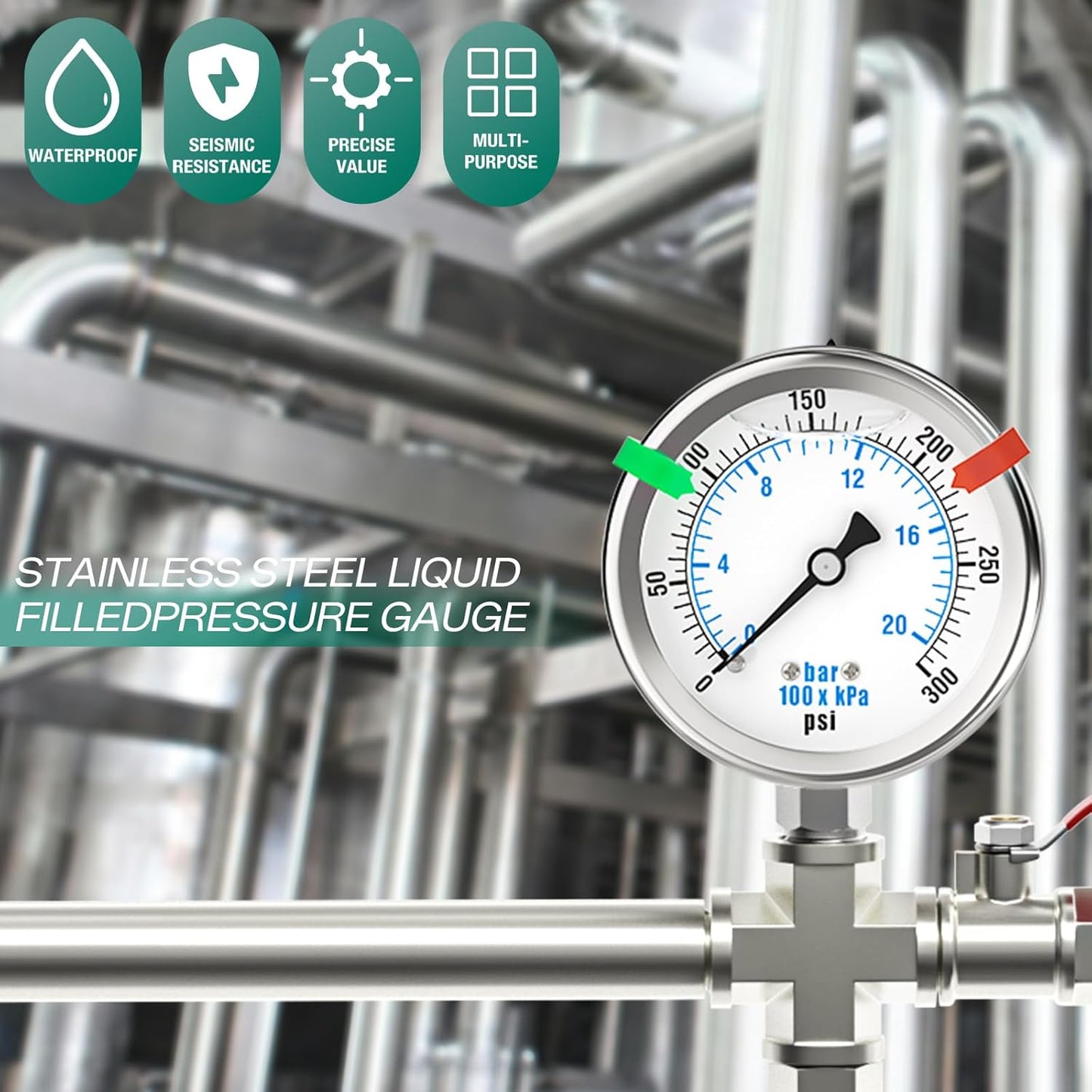 0-300PSI Stainless Steel Liquid Filled Pressure Gauge, 2.5" Dial Size, 1/4" NPT 316 Stainless Steel Joint, Lower Mount, for Tube, Water Pump, Gas, Liquid (with Range Mark Pointer)