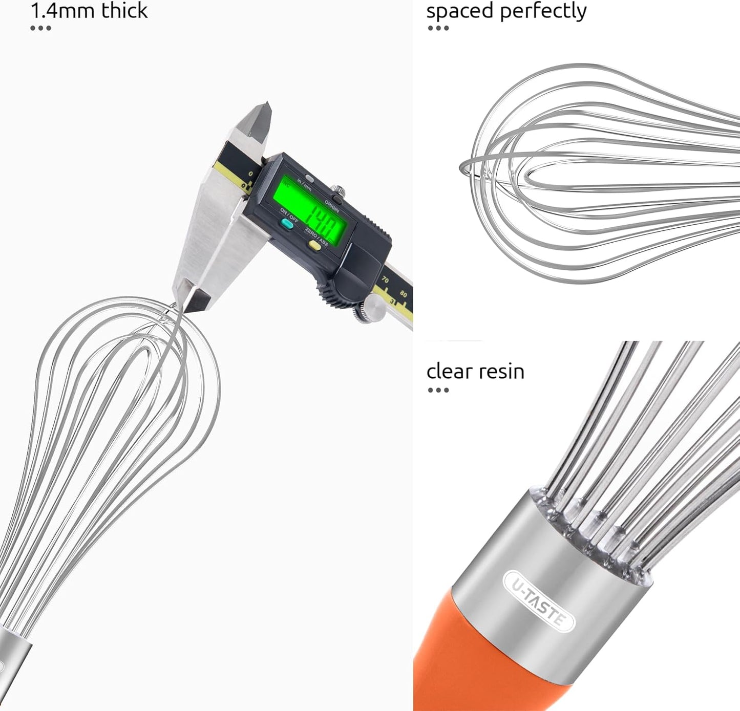U-Taste Balloon Whisk for Cooking: 18/10 Stainless Steel Kitchen Wire Whisk, Medium Heavy Duty Egg Beater, Manual Baking Mixing Tool with 8 High Flex Wires for Stirring, Blending Sauce (Orange)