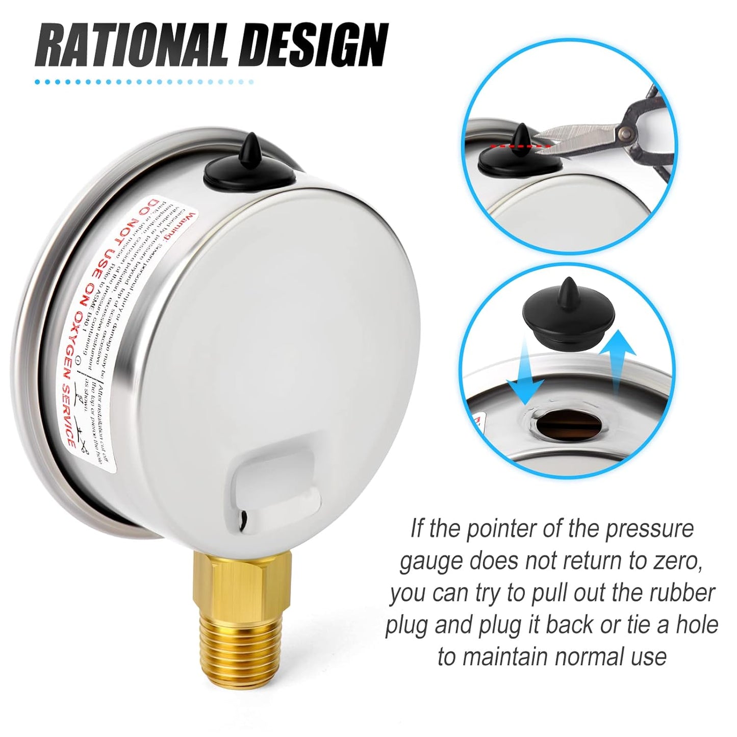 MEANLIN MEASURE 0~60Psi Stainless Steel 1/4" NPT 2.5" Single Scale FACE DIAL, Glycerin Filled Pressure Gauge, Pool Sand Filter, Lower Mount, with 1/2" NPT and 3/8" NPT Hex Bushing