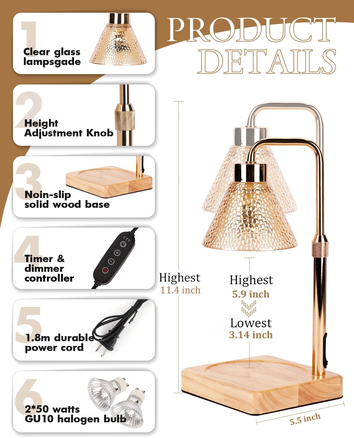 Candle Warmer Lamp with Timer Dimmable, Adjustable Height, Anniversary Women Gifts for Her Girlfriend, House Warming Gifts New Home Room Decor, Wax Warmer Lamp for Jar Candles with 2 Bulbs