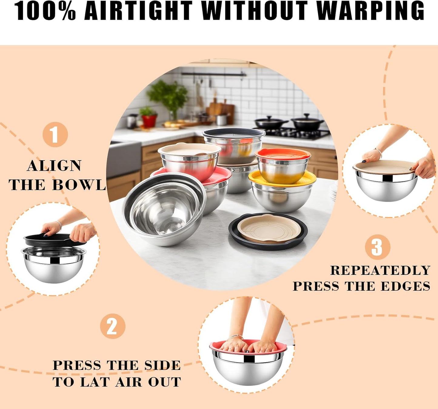 Lazycorner Mixing Bowls with Airtight Lids Set 5 Pcs Stainless Steel Bowls Set Baking Set Non-Slip Silicone Bottoms Great for Serving & Baking