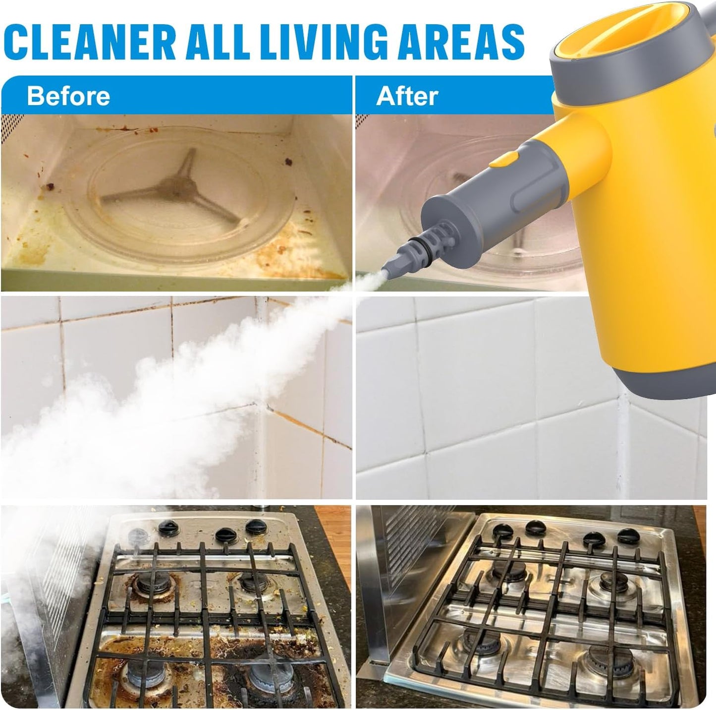 Handheld Pressurized Steam Cleaner - 15s Quick Start, Multi-Functional for Home, Kitchen, Bathroom, 8 Attachments, Chemical-Free, Safe & Efficient Cleaning Solution, Yellow & Grey