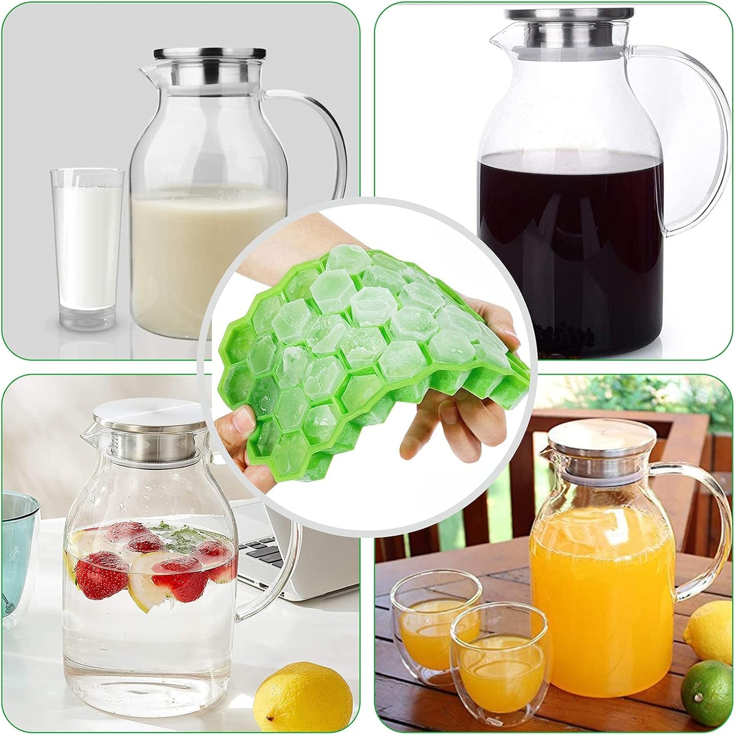 88oz Glass Pitcher with Lid and Handle - High Heat Resistance Glass Water Pitcher for Hot/Cold Water & Iced Tea with Ice Tray (2.6L)