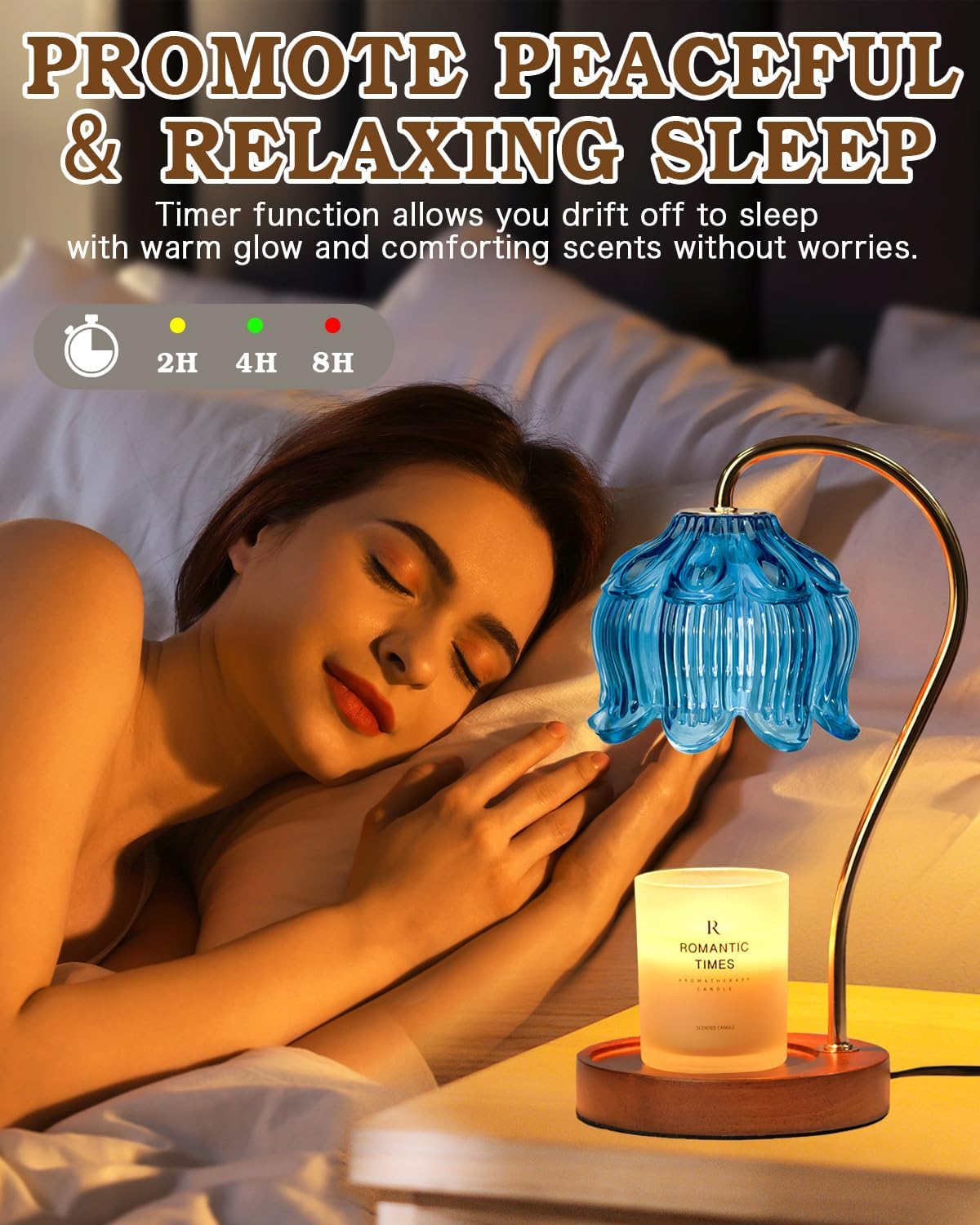 Flower Candle Warmer Lamp with Timer, Blue Candle Lamp Warmer, Birthday Gifts for Women, Mom, Wife, Dimmable Glass Lamp Candle Light Gifts, Aromatic Candle Wax Warmer for Vintage Livingroom Decor