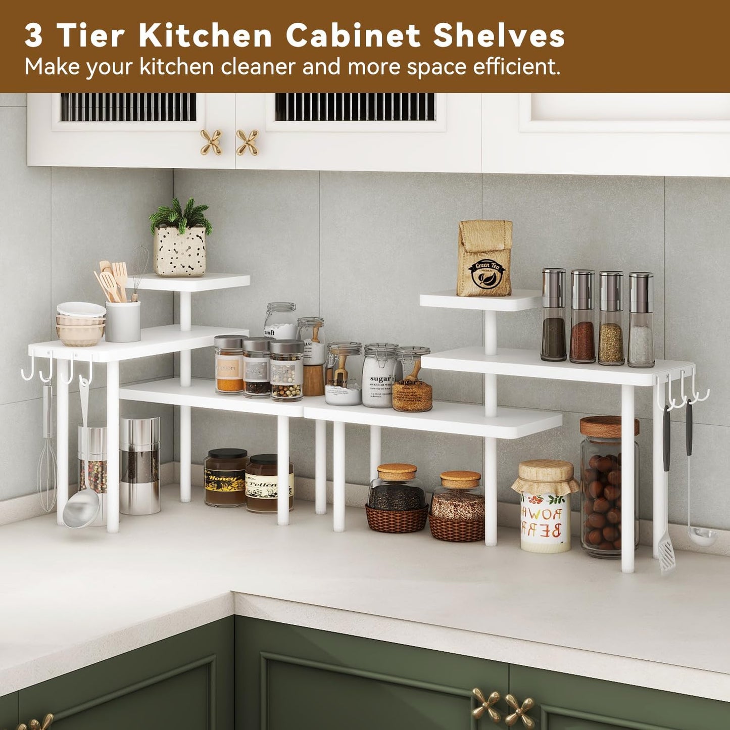 IBUYKE Countertop Organizer,3-Tier Spice Racks,Kitchen Counter Corner Shelf,4 Side Hooks,Adjustable Countertop Shelf for Kitchen, Bathroom, Coffee Bar, Cabinet, Desk,White,TLJ023W