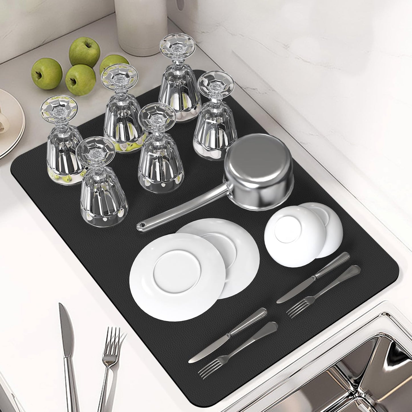 PoYang 24"x16" Coffee Mat Large, Coffee Bar Accessories for Countertop, Absorbent Dish Drying Mat, Anti-Slip and Hide Stain Pad for Espresso Machine, Espresso Maker and Kitchen Counter, Black