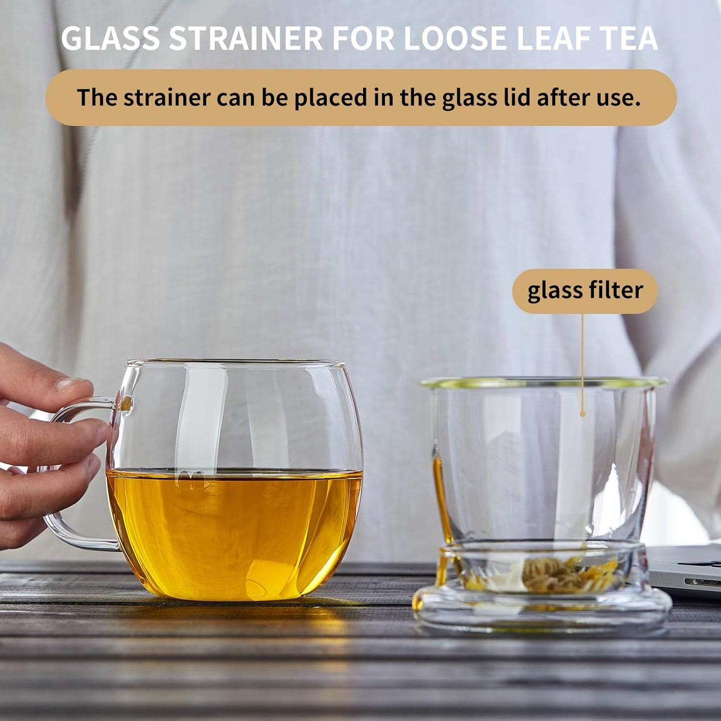 Glass Tea Cup with Infuser and Lid, 17oz/500ml Large Borosilicate Teacup, Clear Mug for Loose Leaf Tea, Blooming Tea, Tea Bags - Perfect Christmas or Birthday Gift for Women