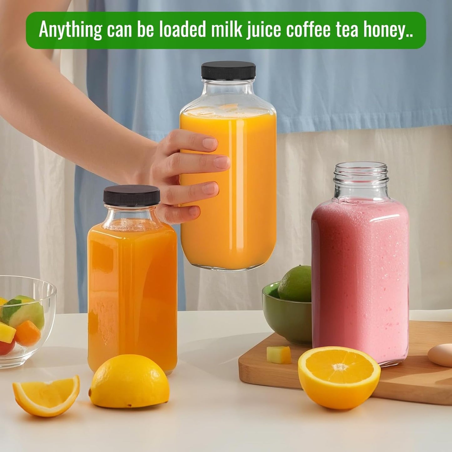 BIGIVACA 12 oz Glass Juice Bottles with Lids,6 PACK Bottles for Juicing,Square Drinking Jars Glass for Coffee,Cola,Milk,Tea in Travel,Work,School