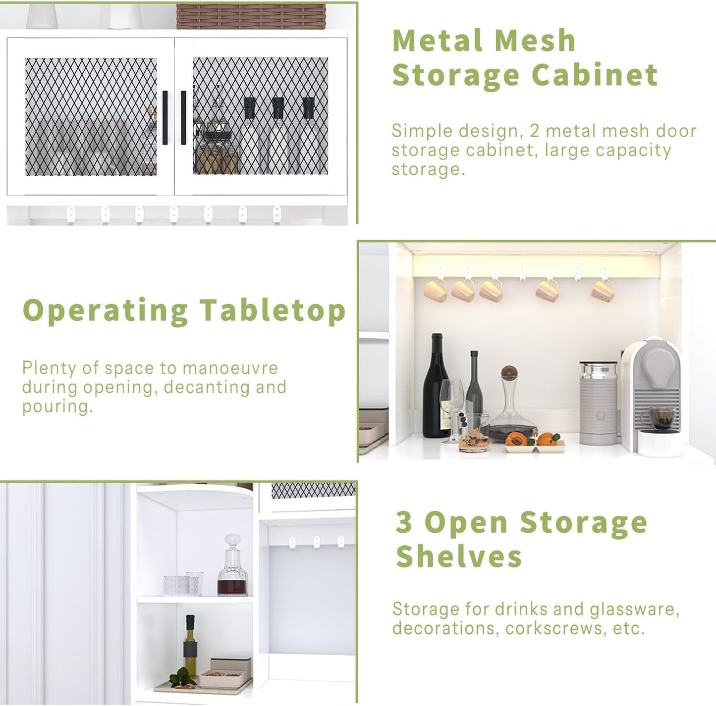 67.3" Tall Modern Kitchen Pantry Storage Cabinet with Drawer and Shelves, Tilt Out Trash Can, Coffee Bar Wine Cabinet with LED Lights and Power Outlet, Wine Glass Rack, 2 Mesh Doors (White)