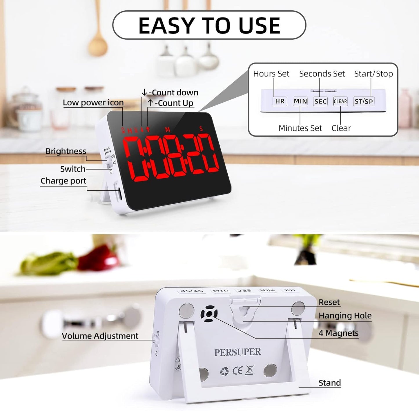 Digital Timer Kitchen Timer Count Down Up Rechargeable Kitchen Gadgets Vibration Mode Adjustable Volume and Brightness LED Display Time Management for Cook, Desk, Kids Adults Study Teaching