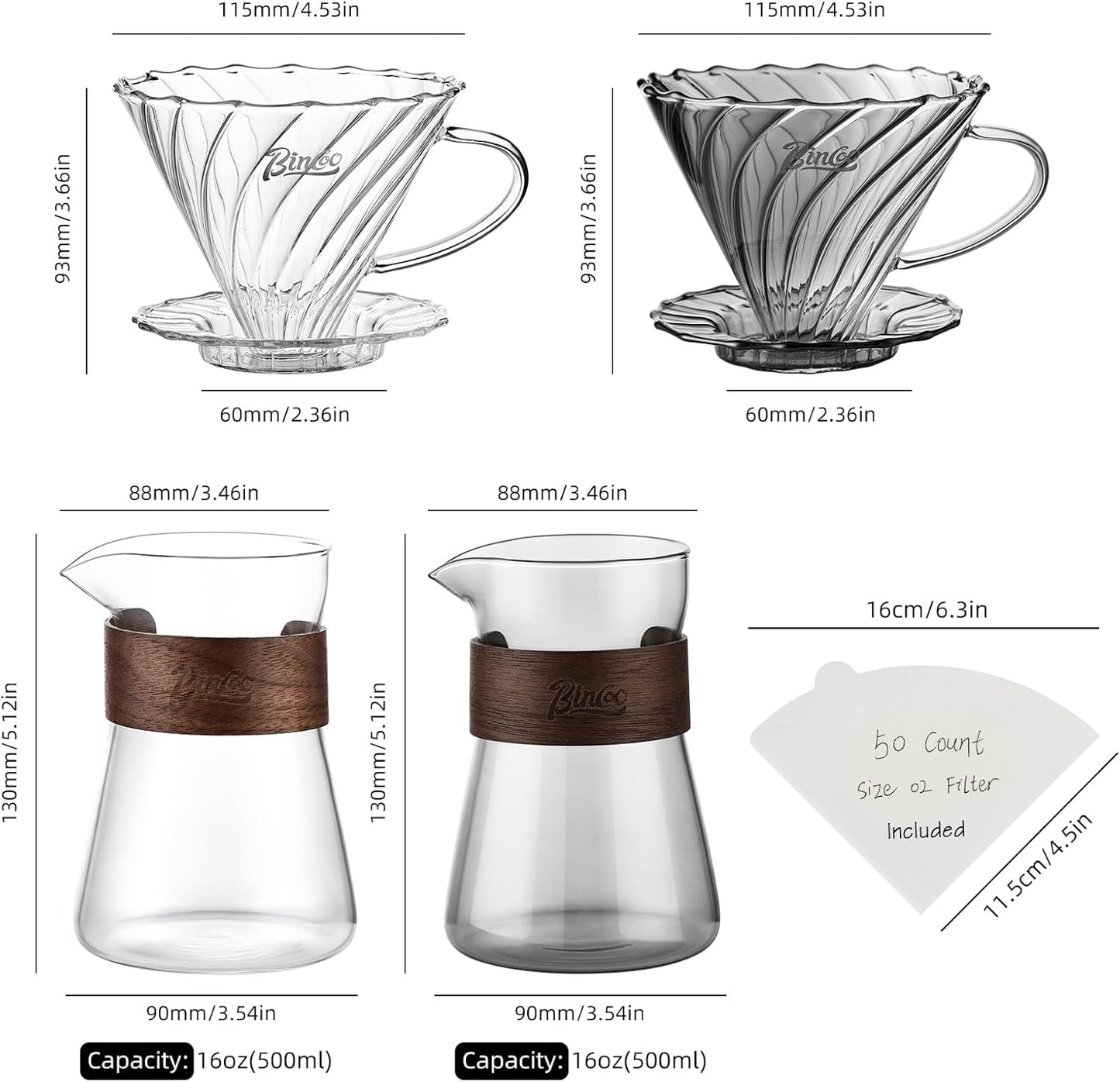 Pour Over Coffee Maker Set, Drip Coffee Maker, Included Borosilicate Glass Coffee Carafe & Coffee Dripper & 50 Pcs Size 02 Paper Filter, 16oz(500ml) (Clear Set)