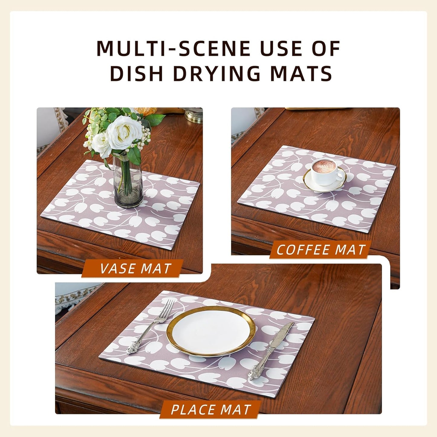 Dish Drying Mat Absorbent Coffee Mat Rubber Backed Soft Silicone Kitchen Counter Mats for Home Kitchen Bathroom Coffee Bar (Tulip, 16 x 24 Inches)