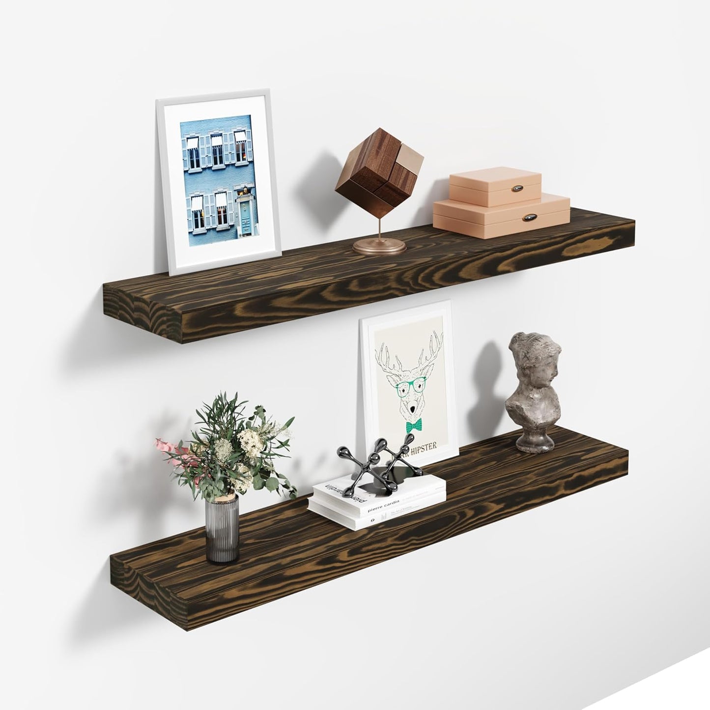 24'' Pine Wood Floating Shelves for Wall- Set of 2 - Rustic Wall Mounted Wooden Shelf for Stylish Home Décor (Dark Brown, 24x6.5x1.25), 2pcs