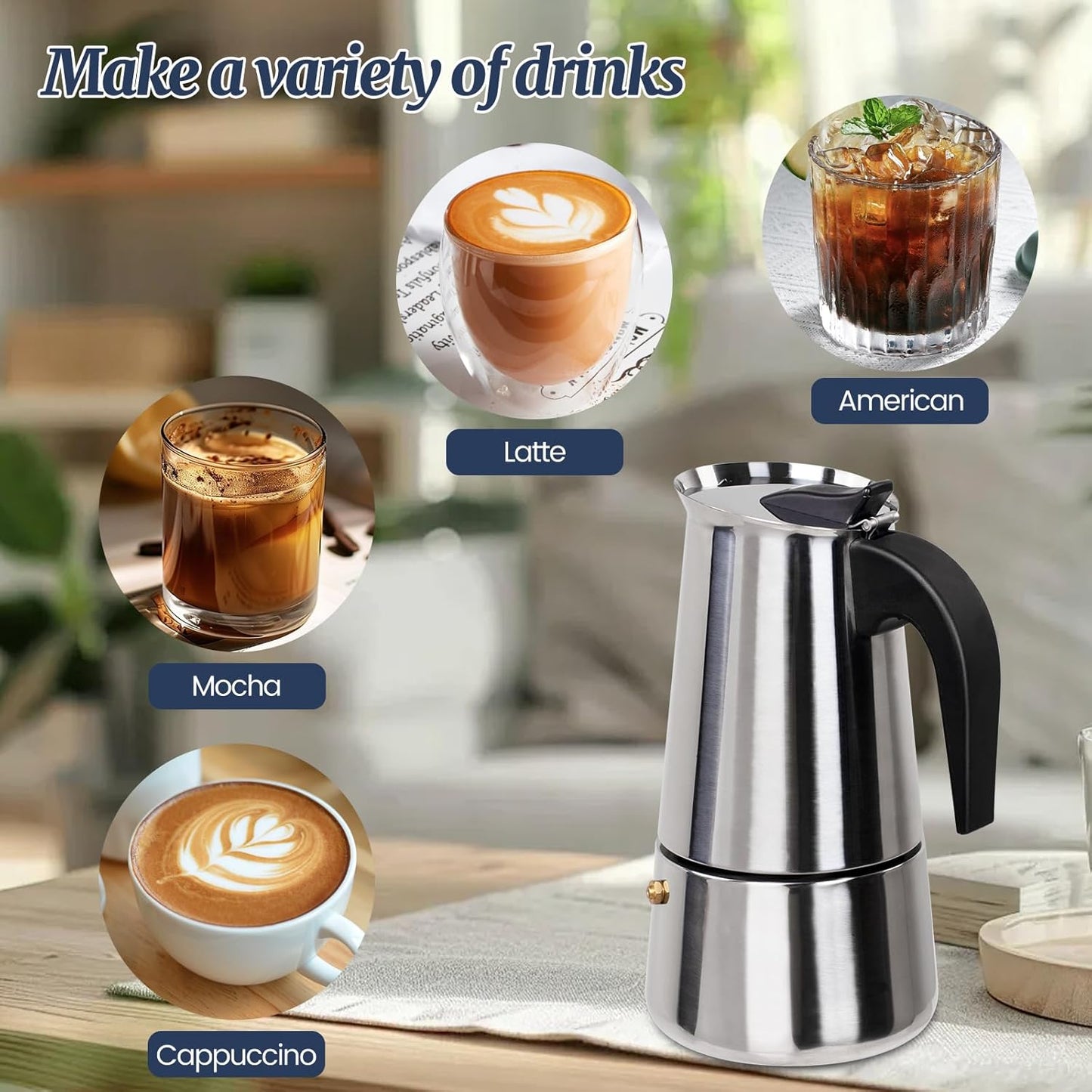 2 Cup Moka Pot Stainless Steel 100ml Italian Espresso Coffee Maker Stovetop Coffee Makers Mocha Pot Percolator Greca Coffee Maker for Induction Stove Portable for Easy Brewing Straight