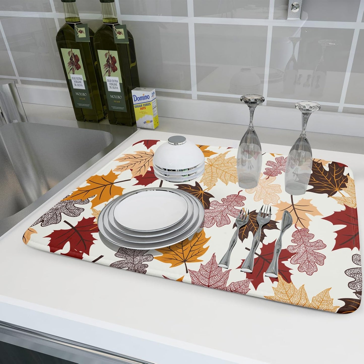Giwawa Maple Leaf Dish Drying Mat Large 18x24 inches Fall Autumn Colorful Leaves Dish Drainer Mats Thanksgiving Decorative Fast Drying Reversible Absorbent Dish Drying Pad for Kitchen Countertop