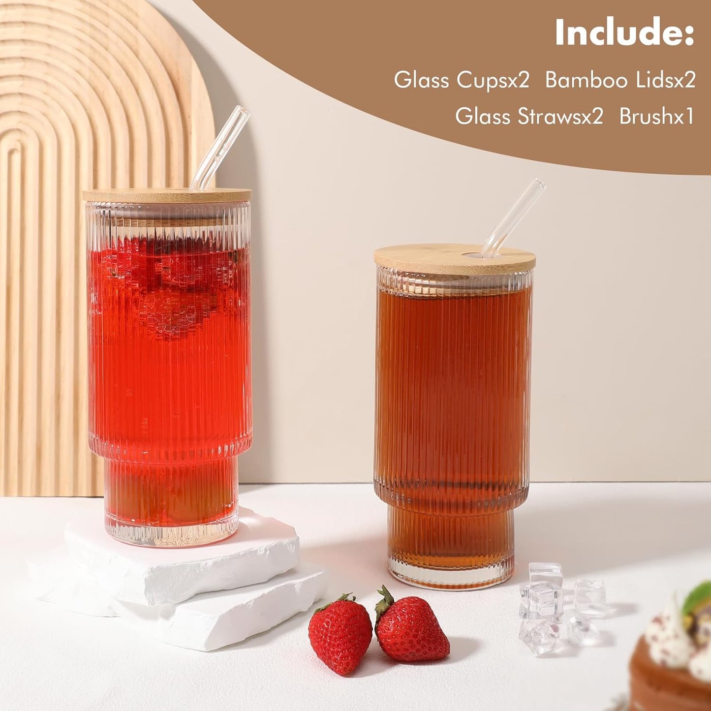 Glass Cups with Bamboo Lids and Straws - 16 oz Iced Coffee Cups, Vintage Ribbed Drinking Glasses, Tumbler for Juice, Beer, Coffee, Milk, Cocktail, Water (2 Pack)