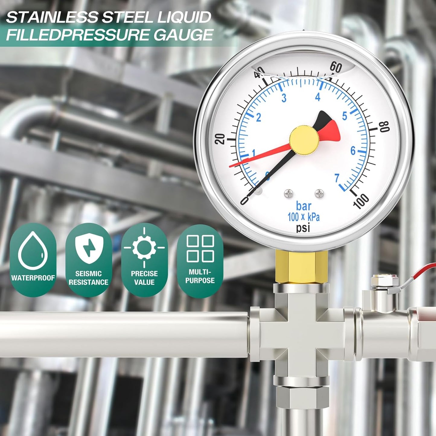 0-100PSI Stainless Steel with Reset Pointer Liquid Filled Pressure Gauge, 2.5" Dial Size, 1/4" NPT Lower Mount, for Tube, Water Pump, Gas, Liquid, Pressure Test