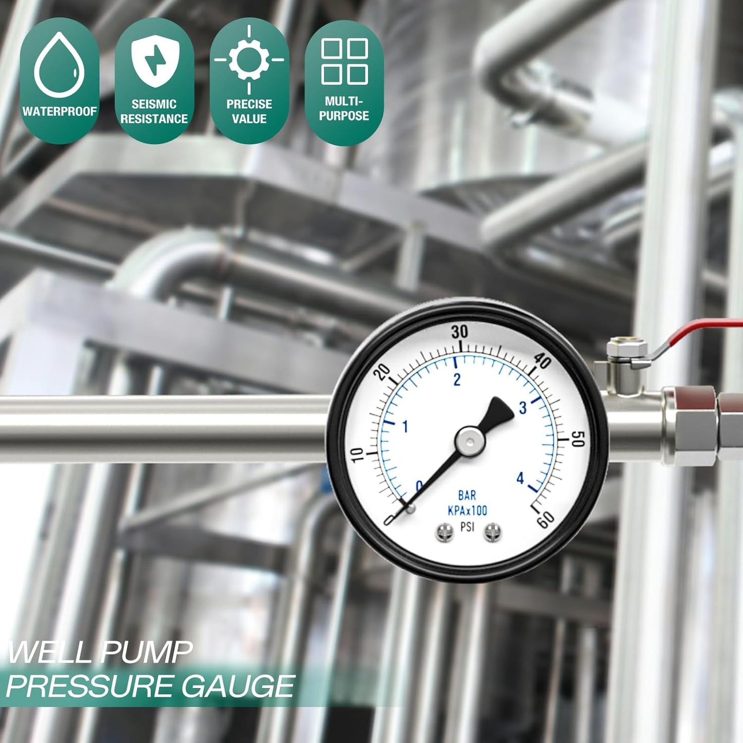 0-60psi Well Pump Pressure Gauge 1/4" NPT 2" Face Dial Size Back Mount, Multifunctional Practical Dry Pressure Gauge, for Water, Oil and Air Compressor