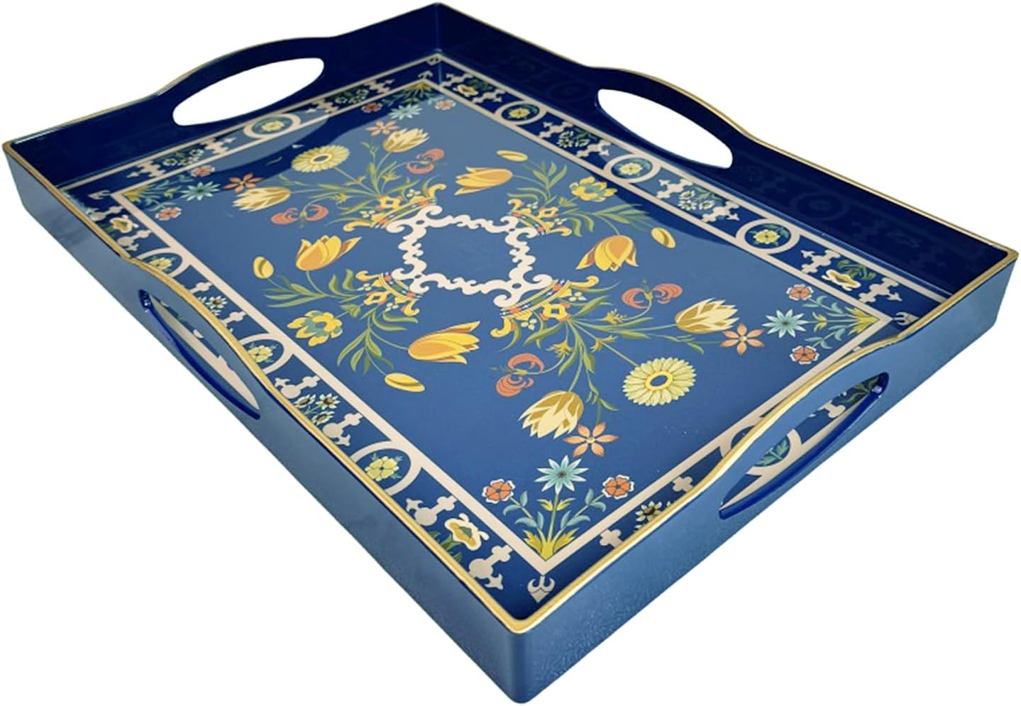 Boho Blue Decorative Tray, Serving Tray with 4 Handles, Plastic Tray for Coffee Table, Ottoman - Ideal for Living Room & Bathroom. 15” x 11” x 1.9”