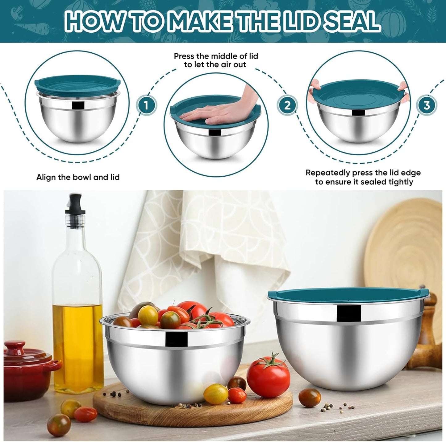 TeamFar Mixing Bowl Set of 5, Stainless Steel 4.5/3/1.5/1/0.7 QT Metal Nesting Salad Bowls with Lids, Ideal for Mixing Serving Tossing, Non-Toxic & Sturdy, Airtight Lid & Easy Clean, Blue