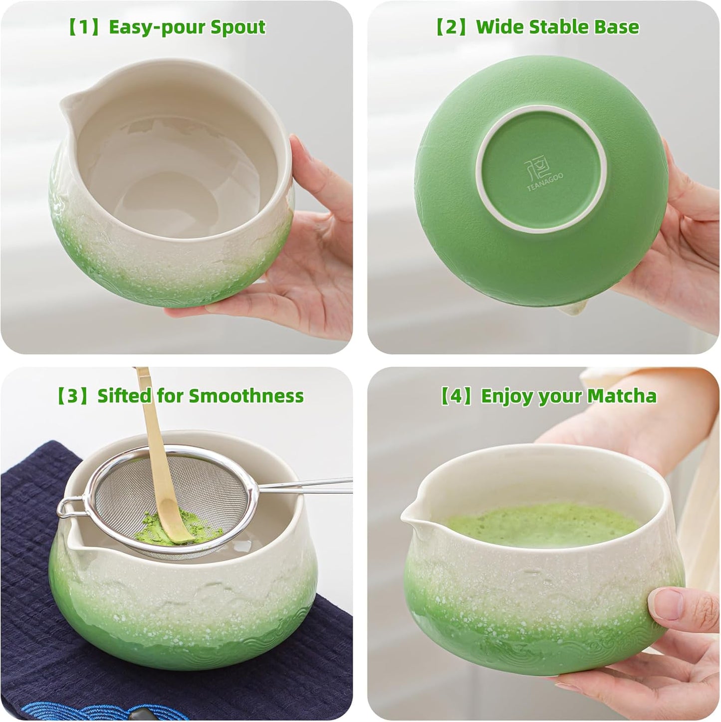 TEANAGOO 7 Pcs Matcha Whisk Set,Green Matcha Set, Ceremony Matcha Powder Kit,Matcha Tea Set for Making Latte,Matcha Whisk Set and Bowl with Scoop&Sifter,Fuji Design Ceramic Bowl,Gift for Matcha Lovers