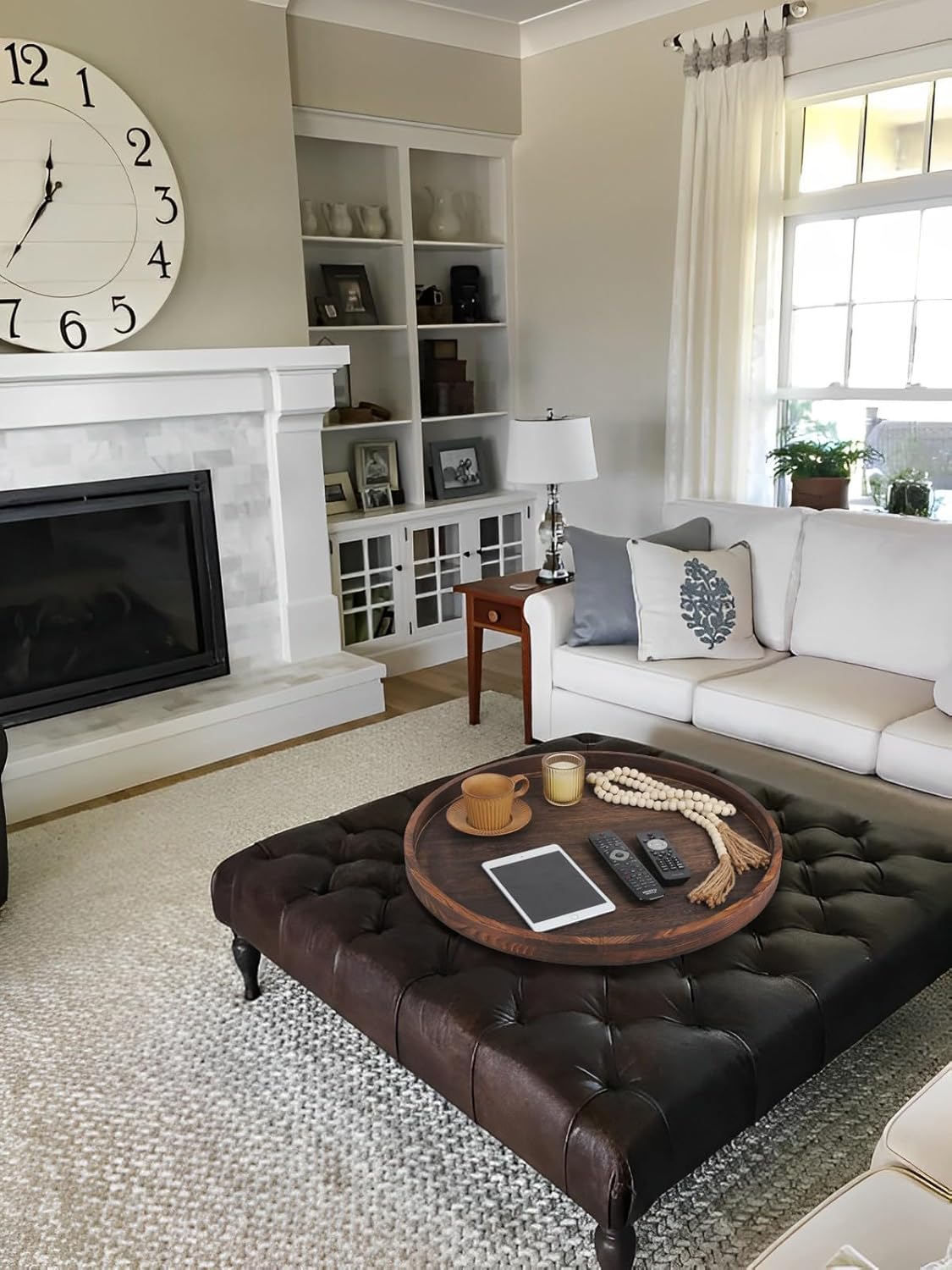 Extra Large Round Ottoman Table Tray Round-24 - Rustic Wooden Serving Tray for Farmhouse Decorative Oversized Coffee Table Trays Living Room Kitchen Counter Breakfast Brown